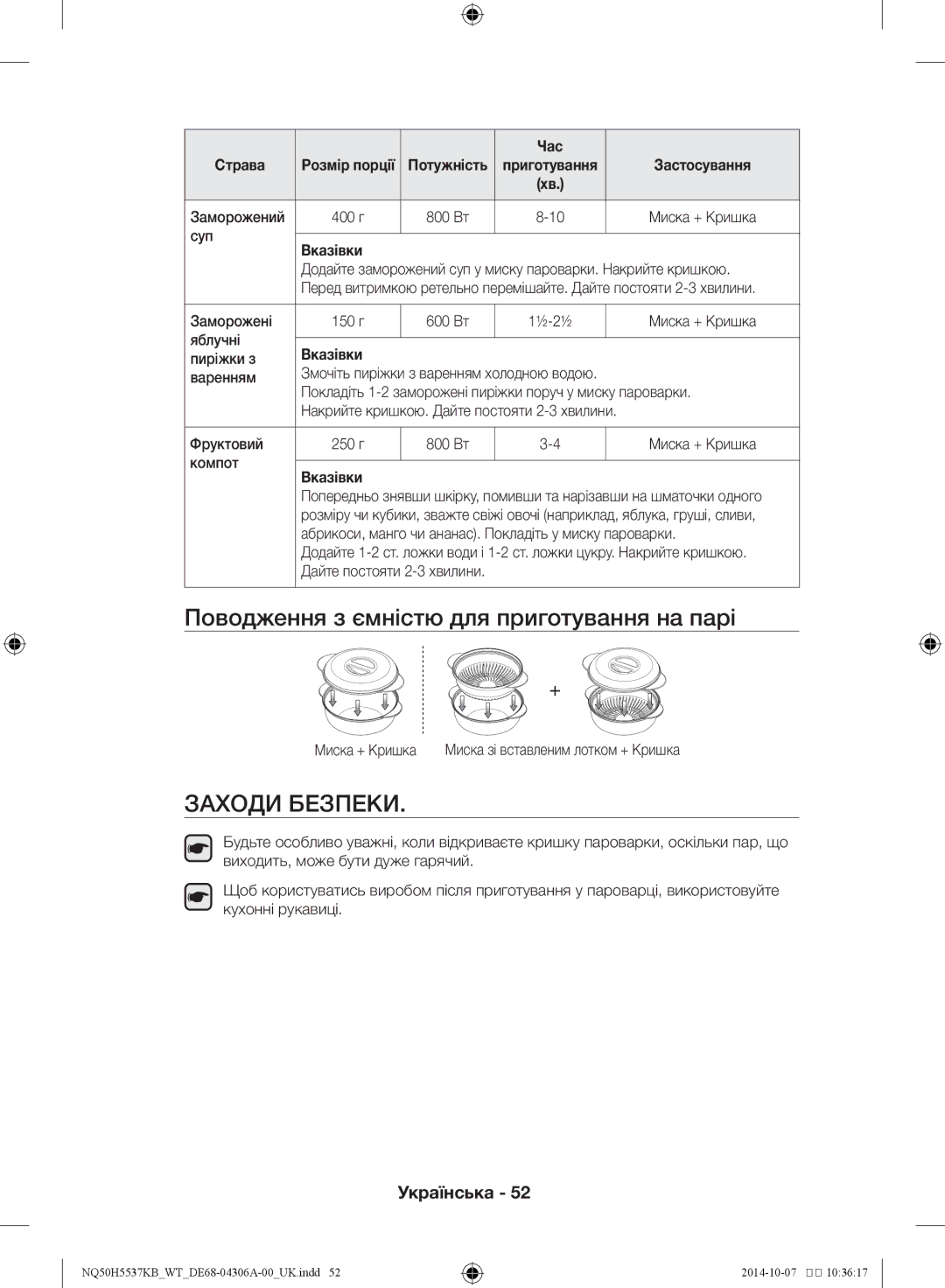 Samsung NQ50H5537KB/WT manual Поводження з ємністю для приготування на парі 