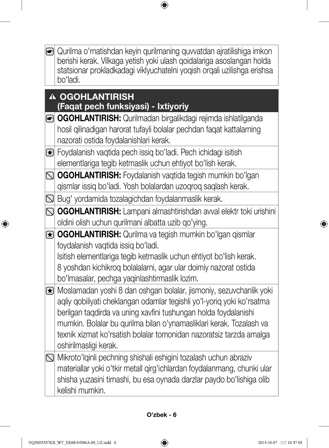 Samsung NQ50H5537KB/WT manual Bug yordamida tozalagichdan foydalanmaslik kerak 