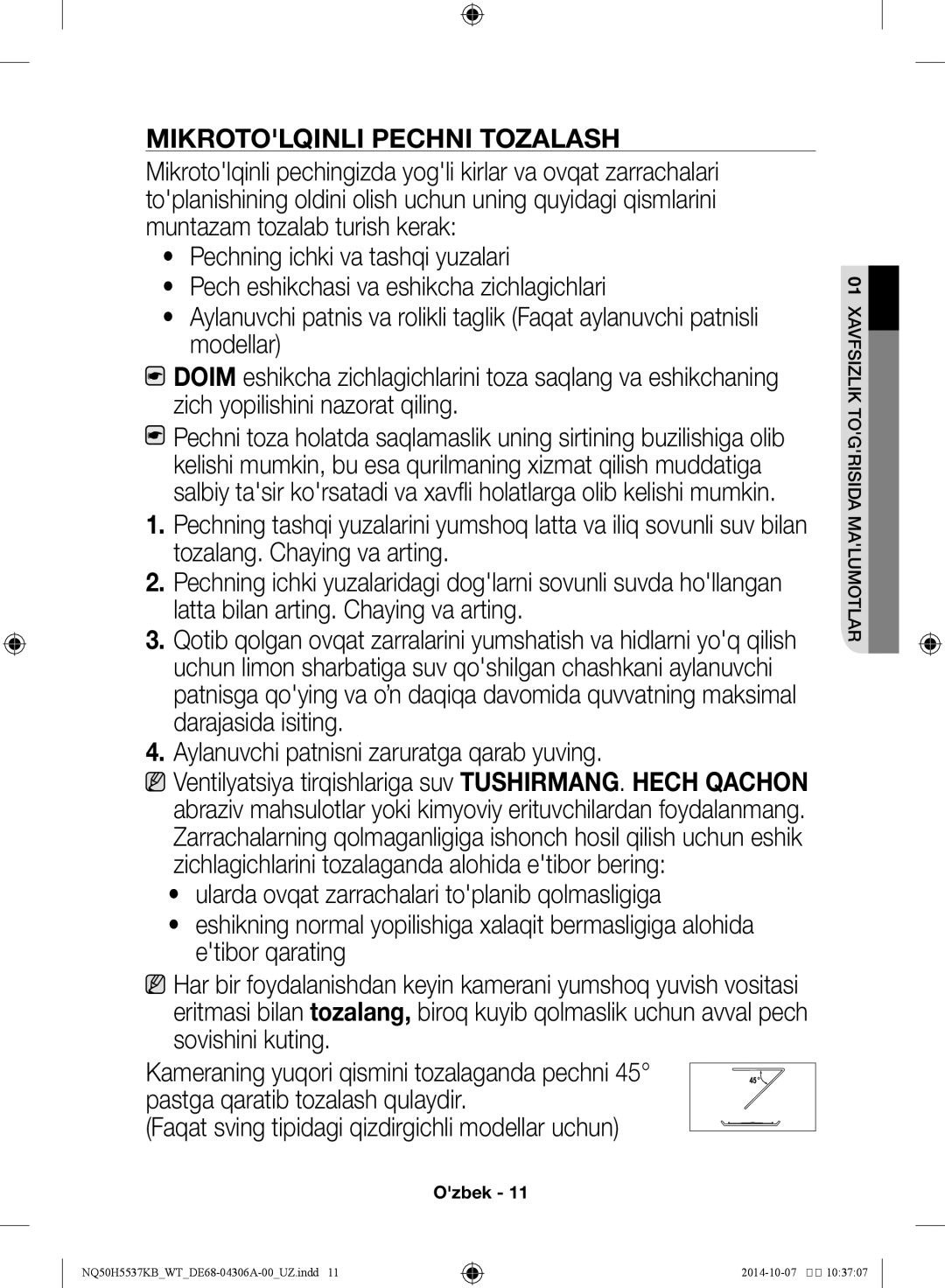 Samsung NQ50H5537KB/WT manual Mikrotolqinli pechni tozalash 