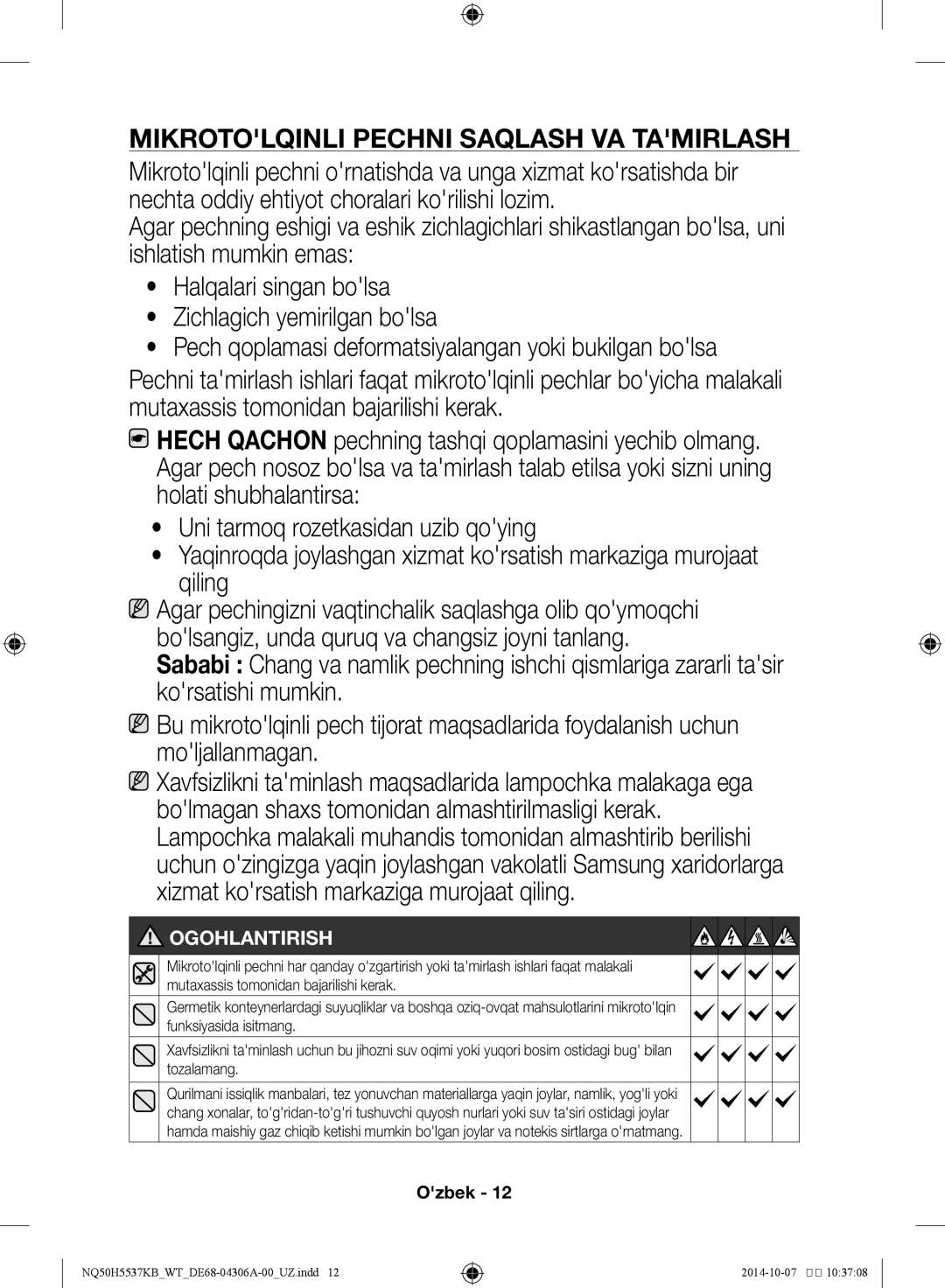 Samsung NQ50H5537KB/WT manual Mikrotolqinli pechni saqlash va tamirlash, Ogohlantirish 