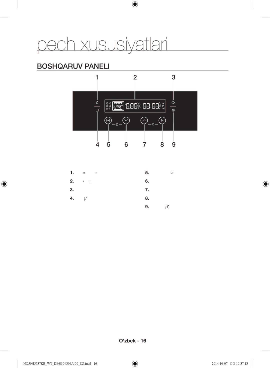 Samsung NQ50H5537KB/WT manual Pech xususiyatlari, Boshqaruv paneli 