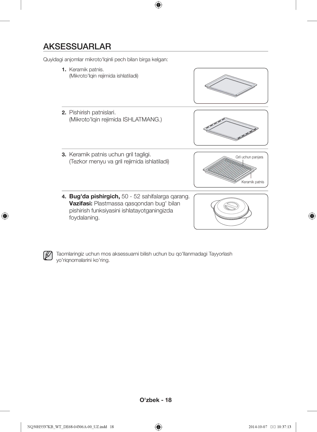 Samsung NQ50H5537KB/WT manual Aksessuarlar, Pishirish patnislari Mikrotolqin rejimida Ishlatmang 