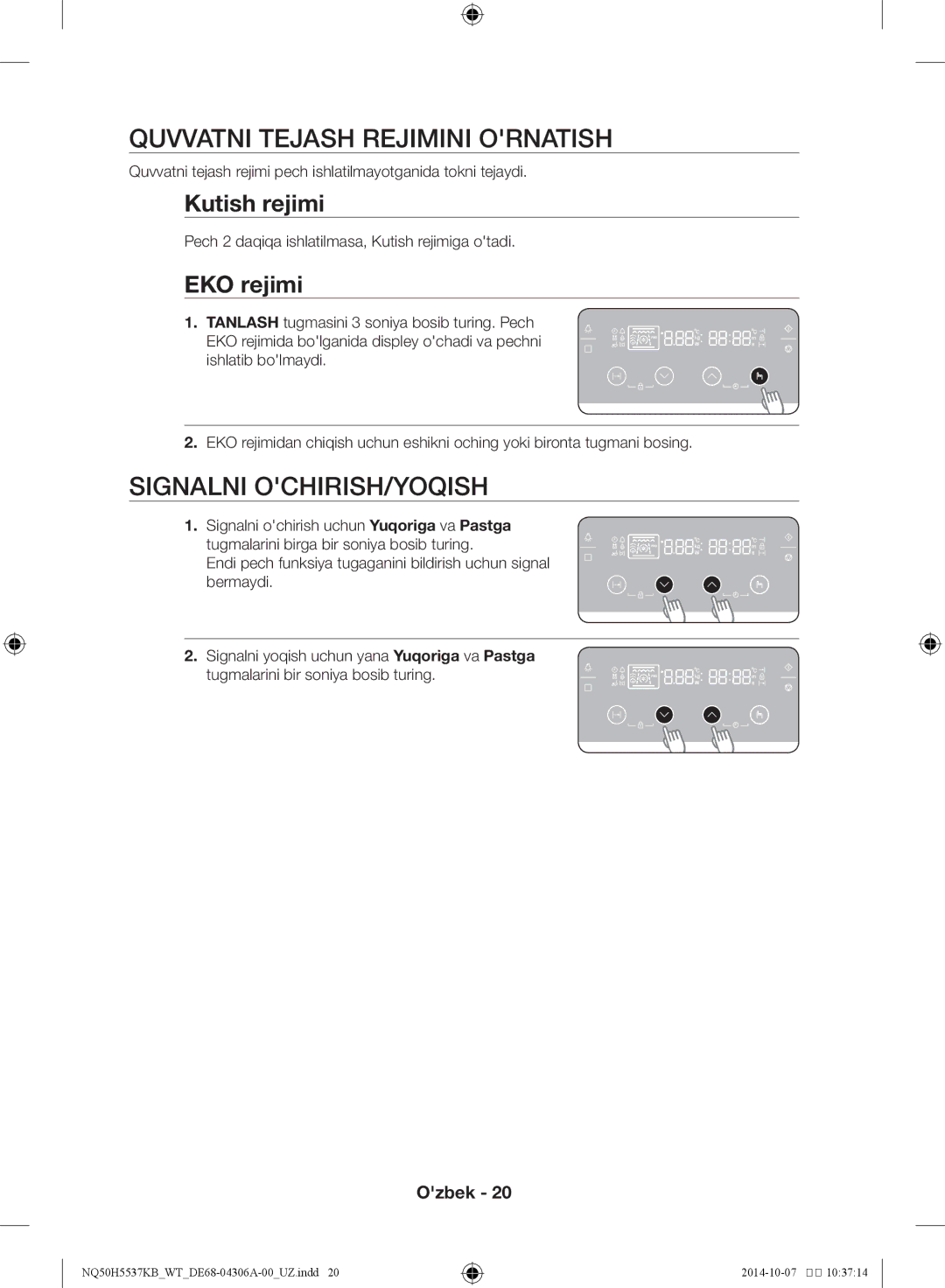 Samsung NQ50H5537KB/WT manual Quvvatni tejash rejimini ornatish, Signalni ochirish/yoqish, Kutish rejimi, EKO rejimi 