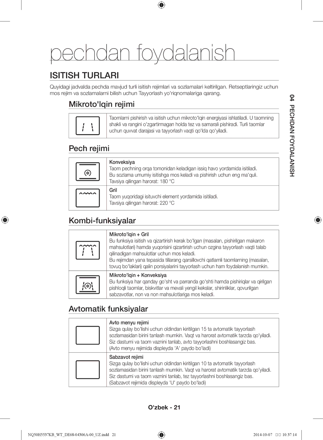 Samsung NQ50H5537KB/WT manual Pechdan foydalanish, Isitish turlari 