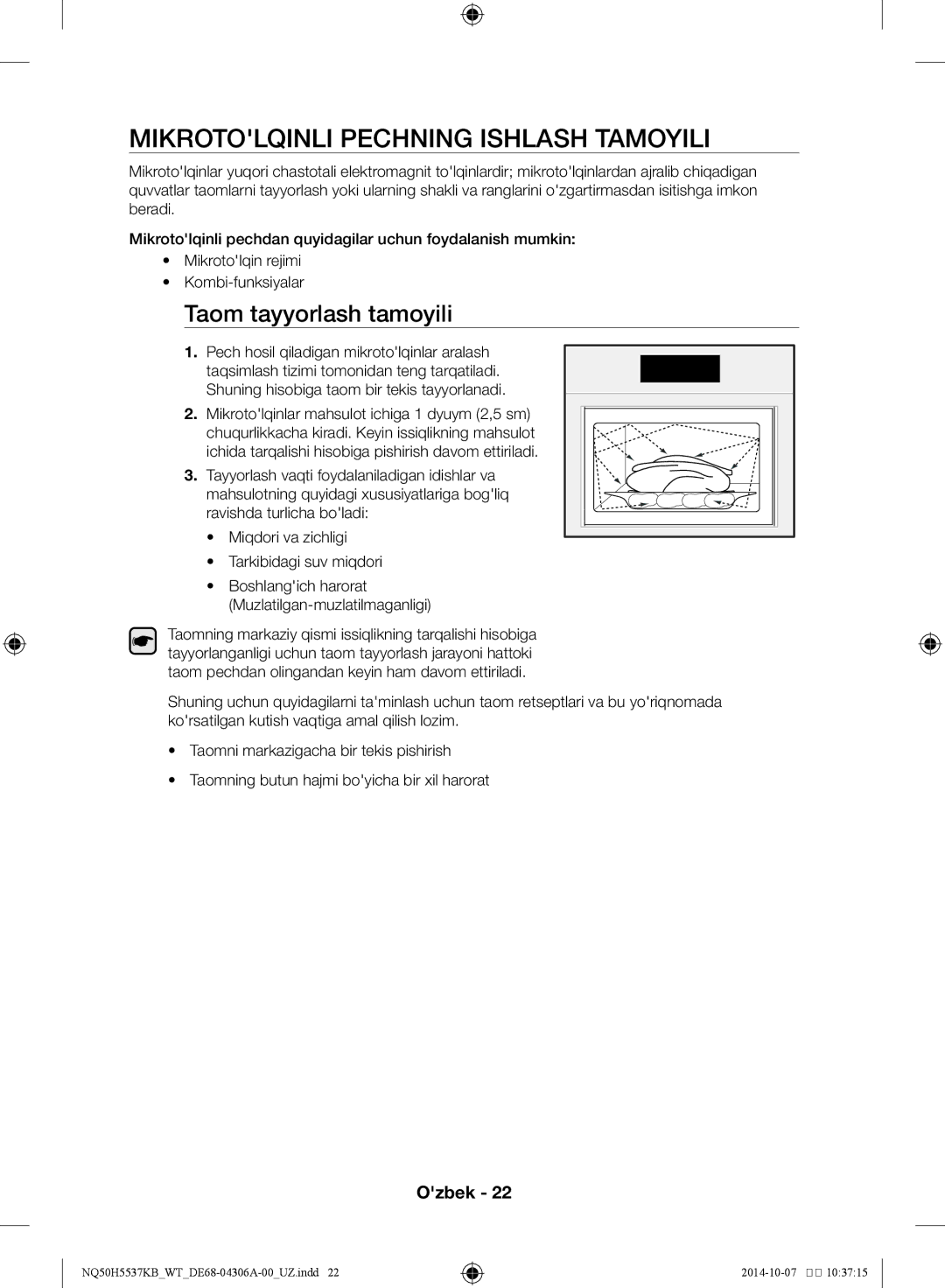 Samsung NQ50H5537KB/WT manual Mikrotolqinli pechning ishlash tamoyili, Taom tayyorlash tamoyili 