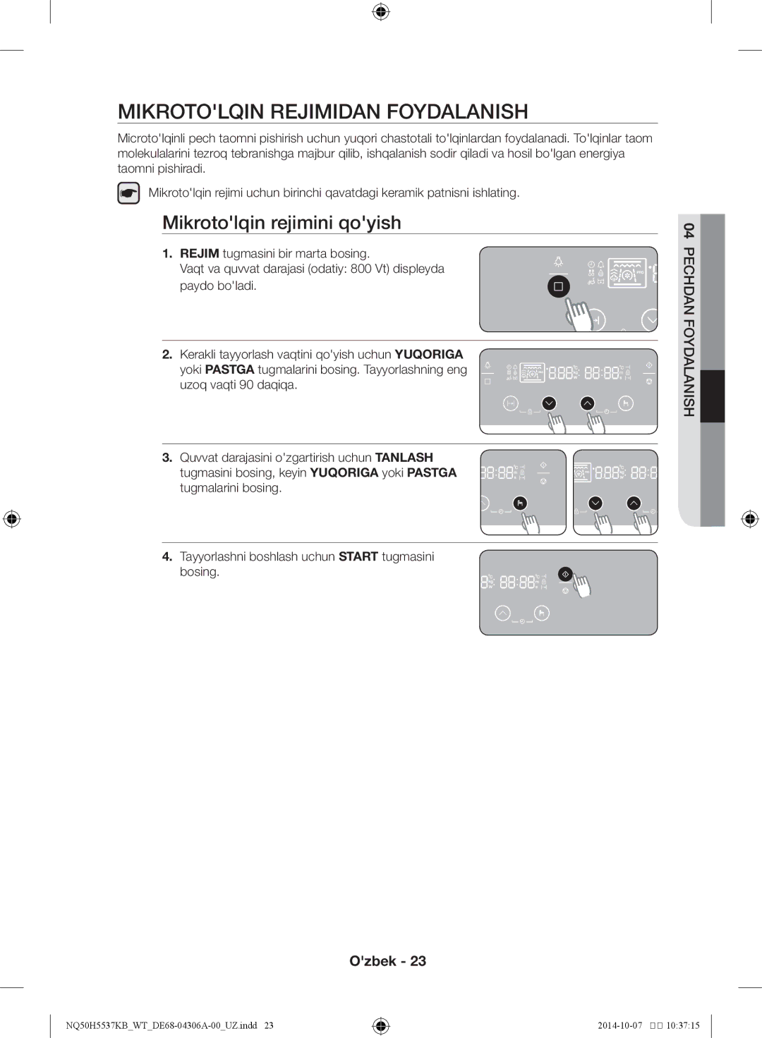 Samsung NQ50H5537KB/WT manual Mikrotolqin rejimidan foydalanish, Mikrotolqin rejimini qoyish 