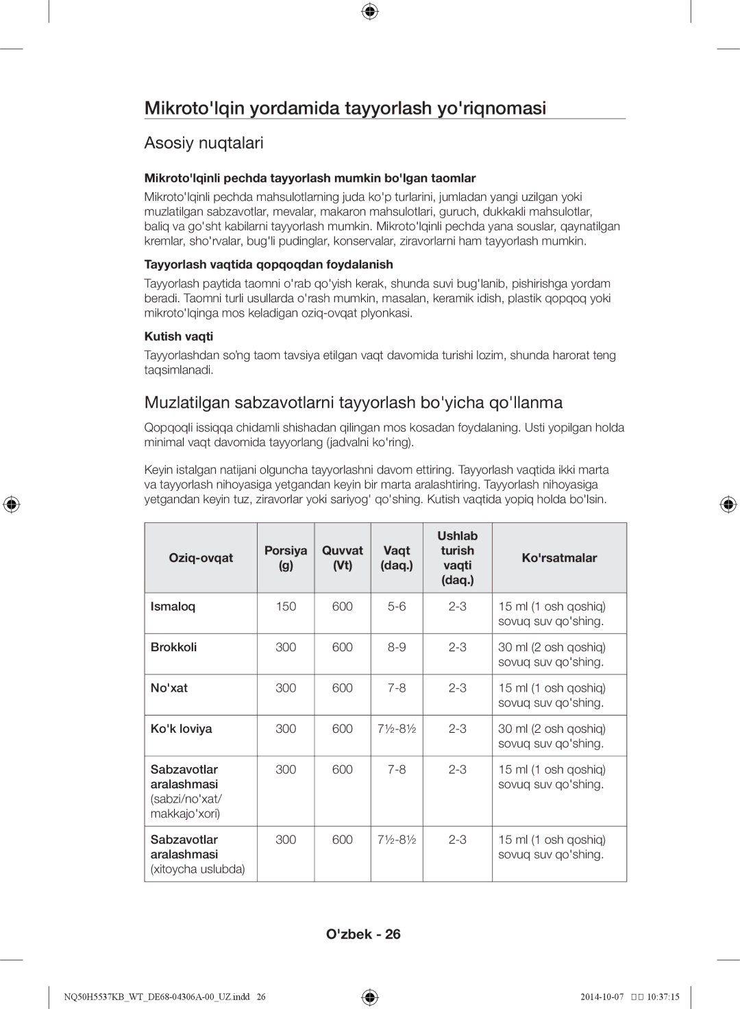 Samsung NQ50H5537KB/WT manual Mikrotolqin yordamida tayyorlash yoriqnomasi, Asosiy nuqtalari 