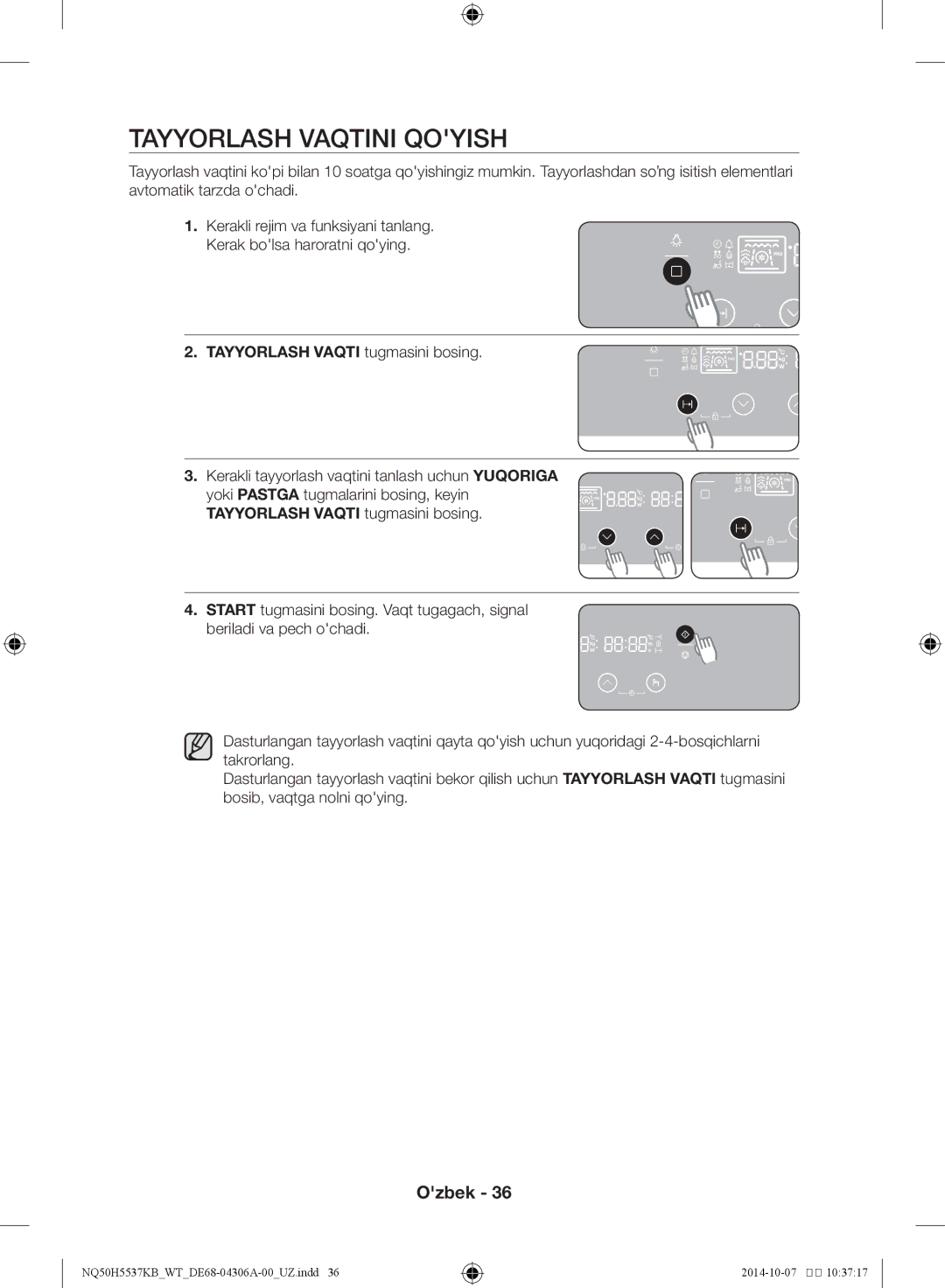 Samsung NQ50H5537KB/WT manual Tayyorlash vaqtini qoyish, Tayyorlash Vaqti tugmasini bosing 