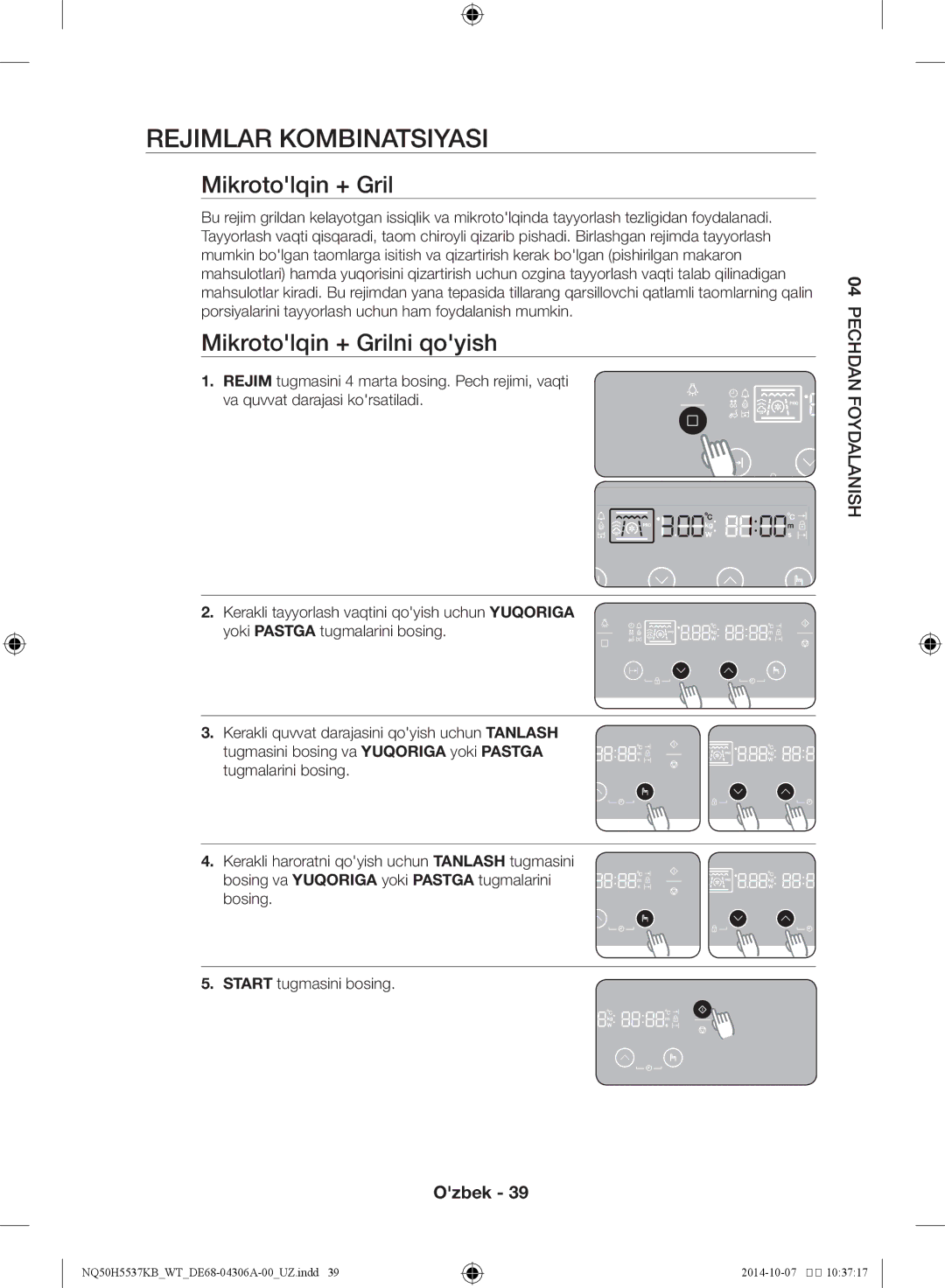 Samsung NQ50H5537KB/WT manual Rejimlar kombinatsiyasi, Mikrotolqin + Grilni qoyish 