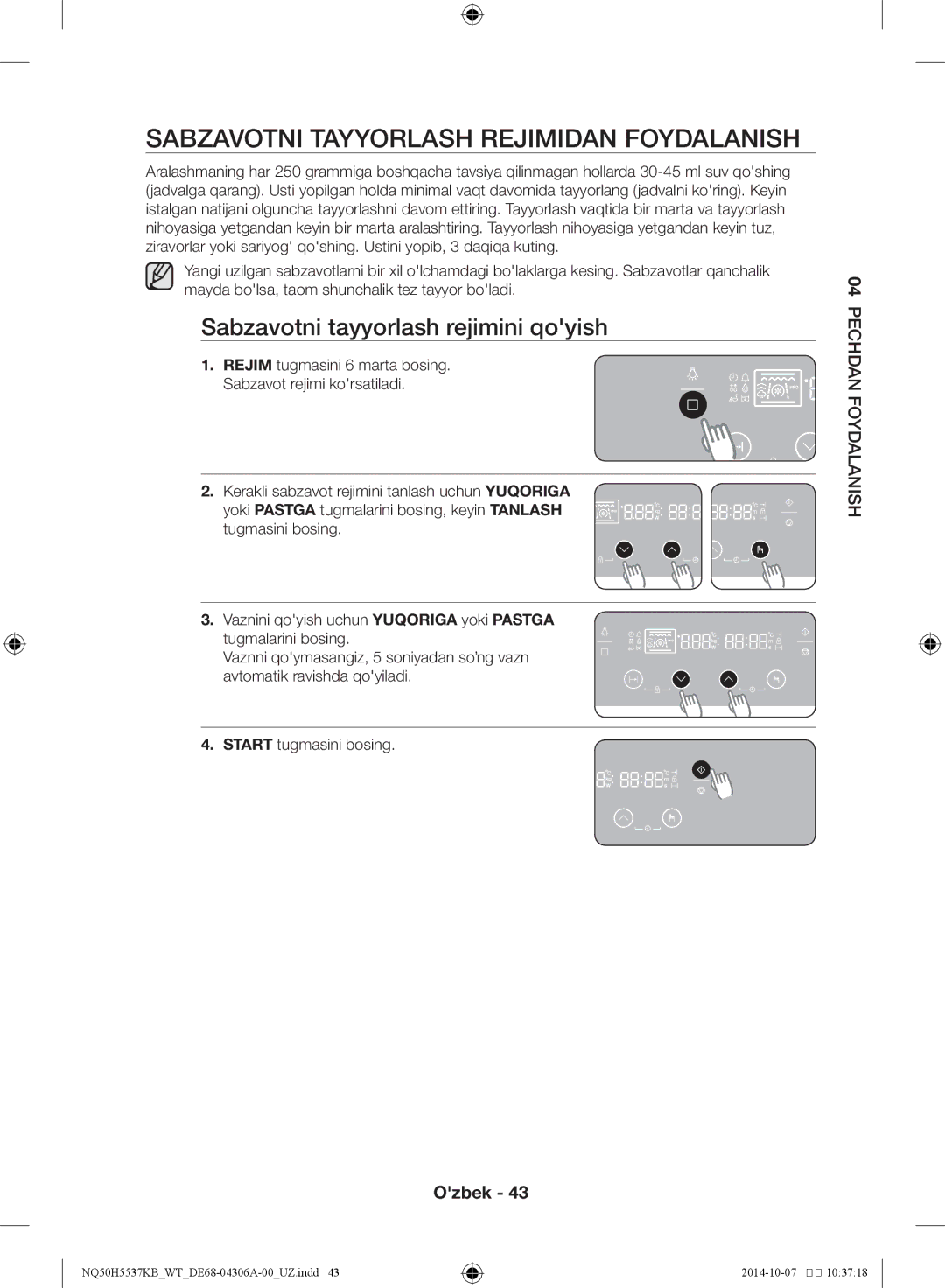 Samsung NQ50H5537KB/WT manual Sabzavotni tayyorlash rejimidan foydalanish, Sabzavotni tayyorlash rejimini qoyish 