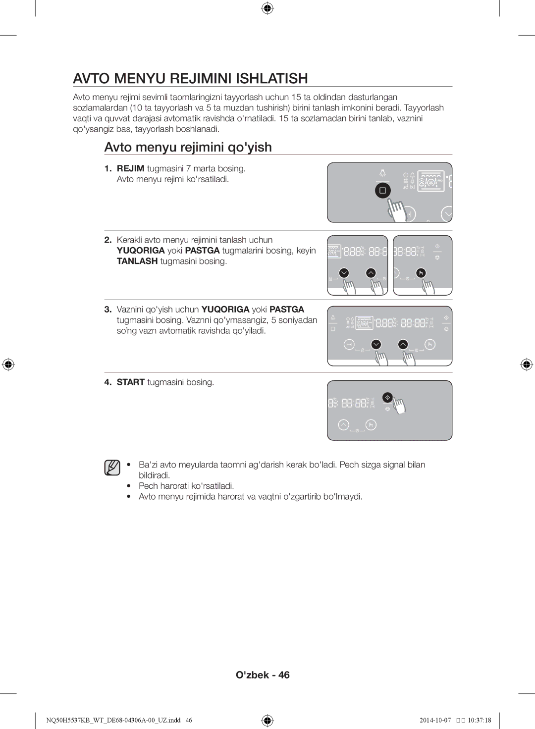 Samsung NQ50H5537KB/WT manual Avto menyu rejimini ishlatish, Avto menyu rejimini qoyish 