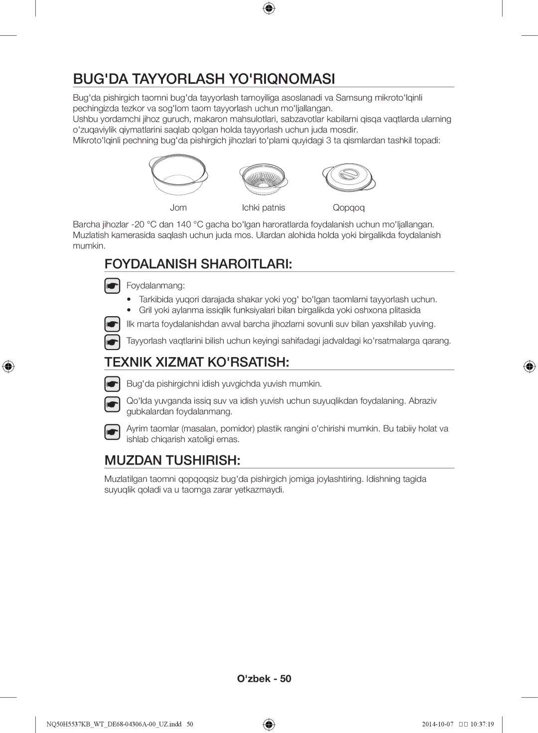 Samsung NQ50H5537KB/WT manual Bugda tayyorlash yoriqnomasi, Foydalanish Sharoitlari 