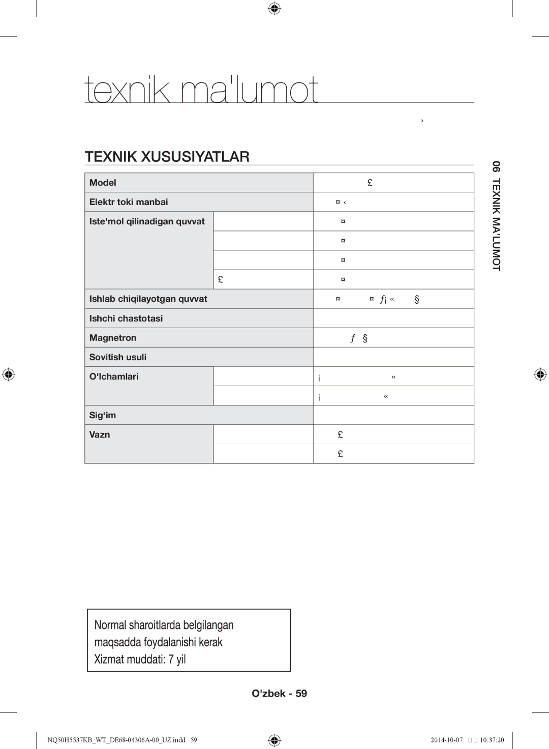 Samsung NQ50H5537KB/WT manual Texnik malumot, Texnik xususiyatlar 