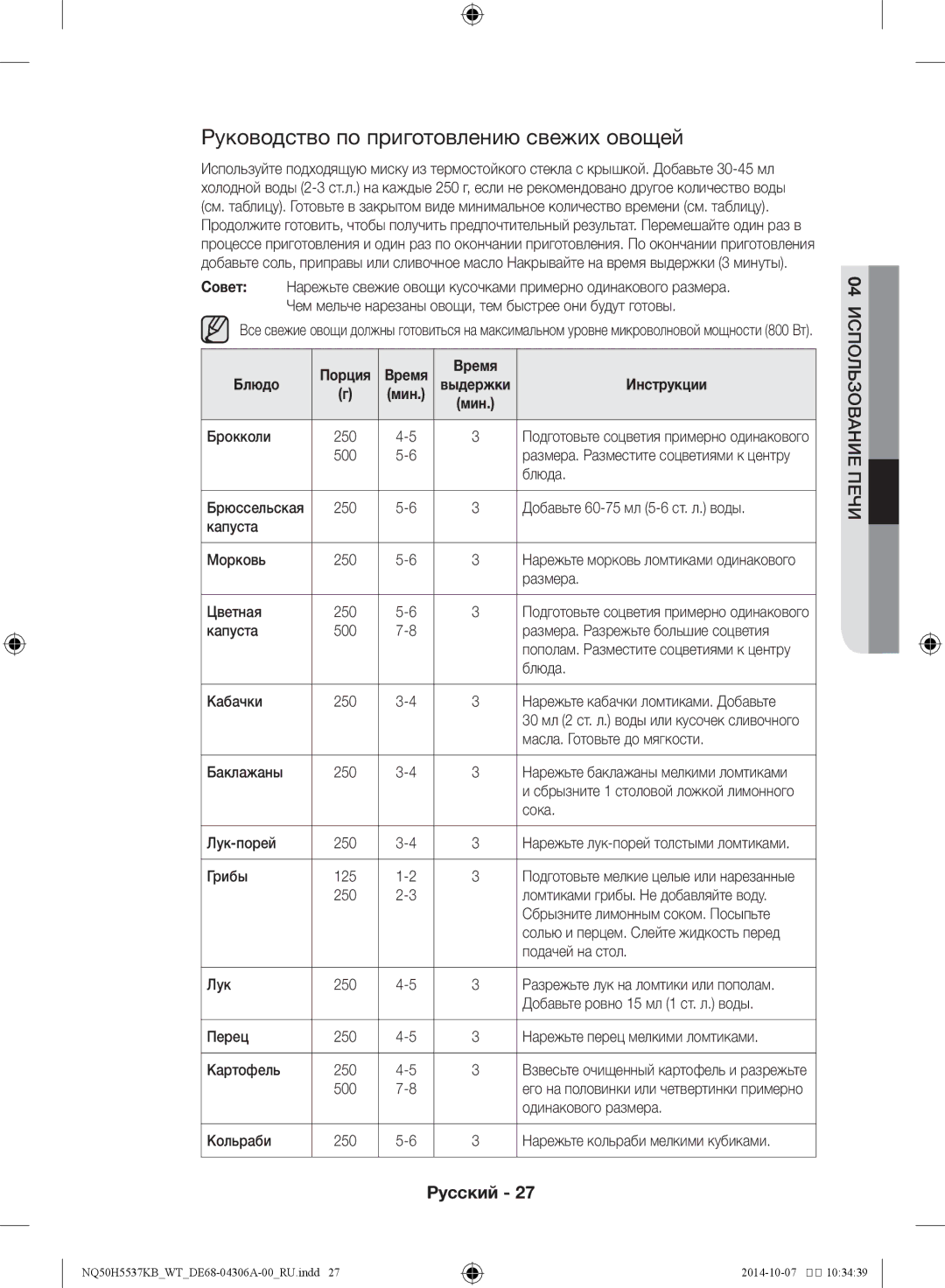 Samsung NQ50H5537KB/WT manual Руководство по приготовлению свежих овощей, Время Блюдо 