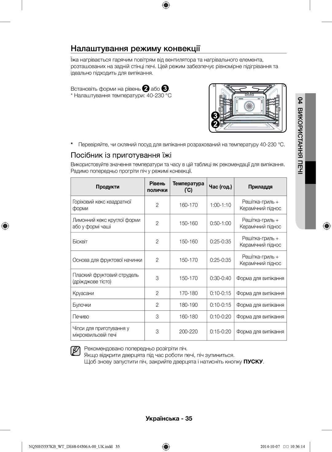 Samsung NQ50H5537KB/WT manual Налаштування режиму конвекції, Продукти Рівень 