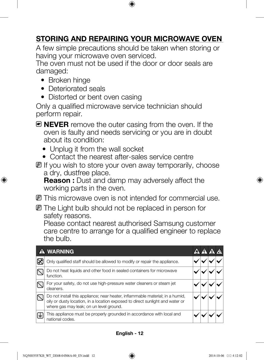 Samsung NQ50H5537KB/WT manual Storing and repairing your microwave oven, Microwave service technician should 