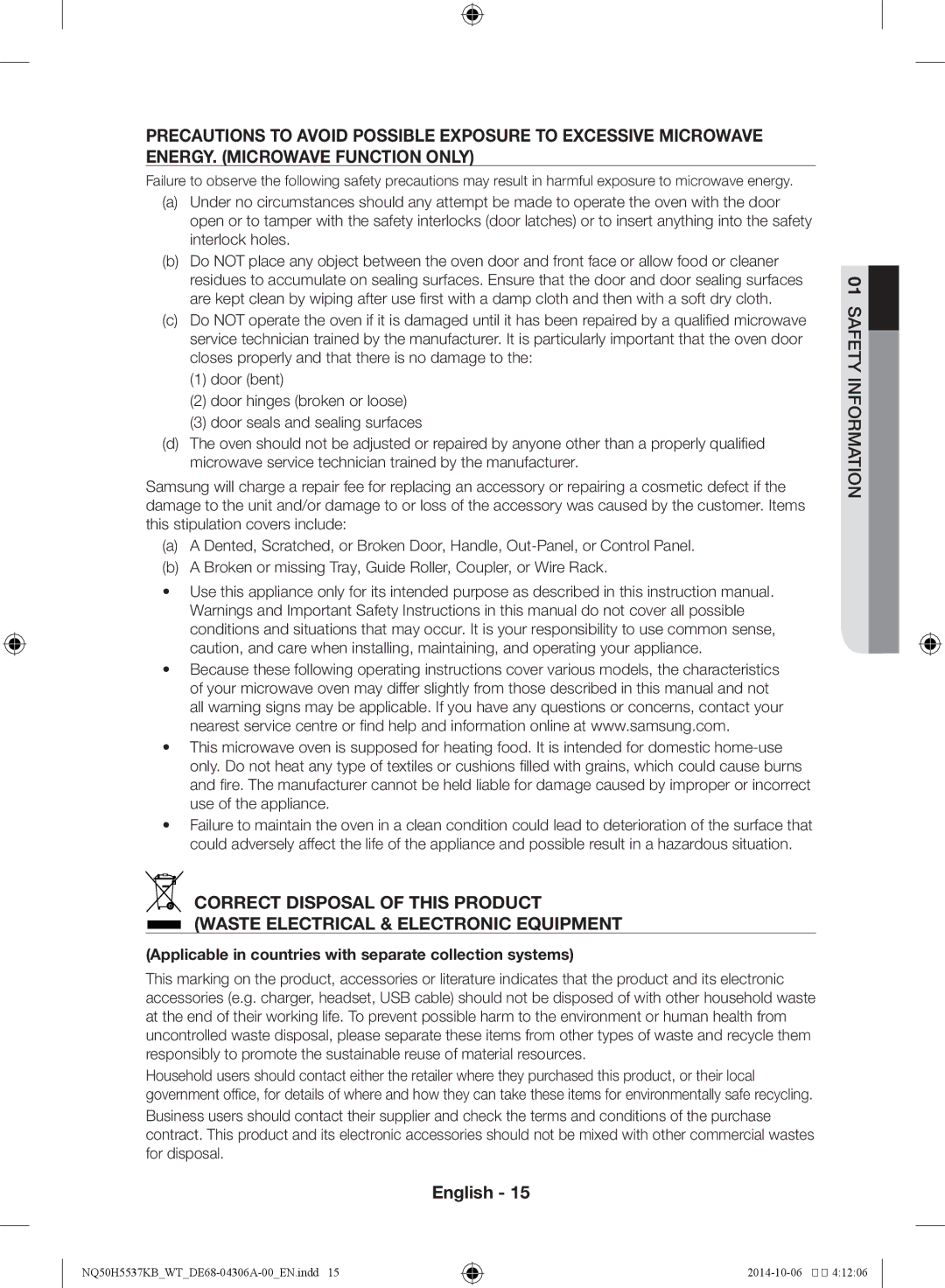 Samsung NQ50H5537KB/WT manual Applicable in countries with separate collection systems 