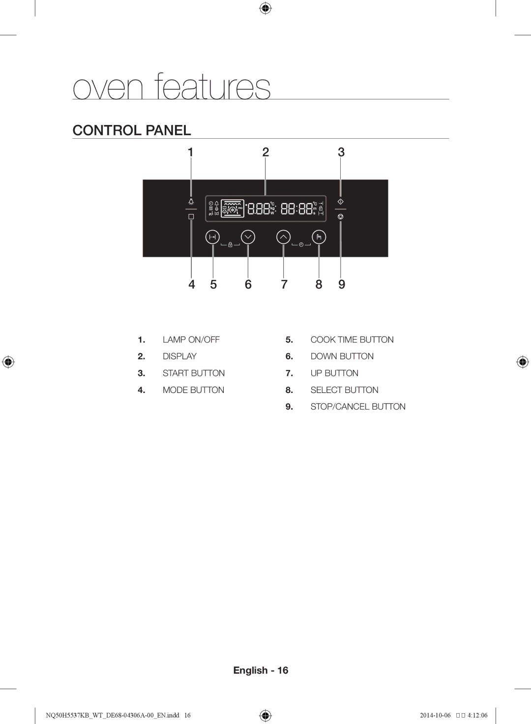 Samsung NQ50H5537KB/WT manual Oven features, Control panel 