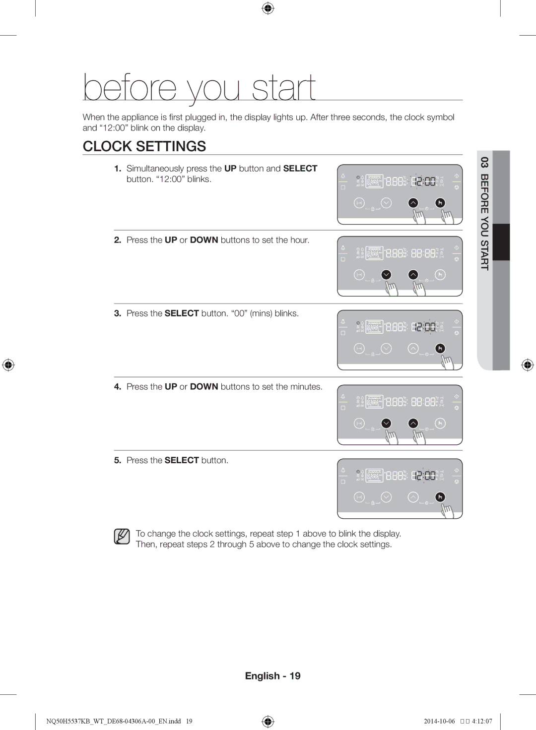 Samsung NQ50H5537KB/WT manual Before you start, Clock settings 