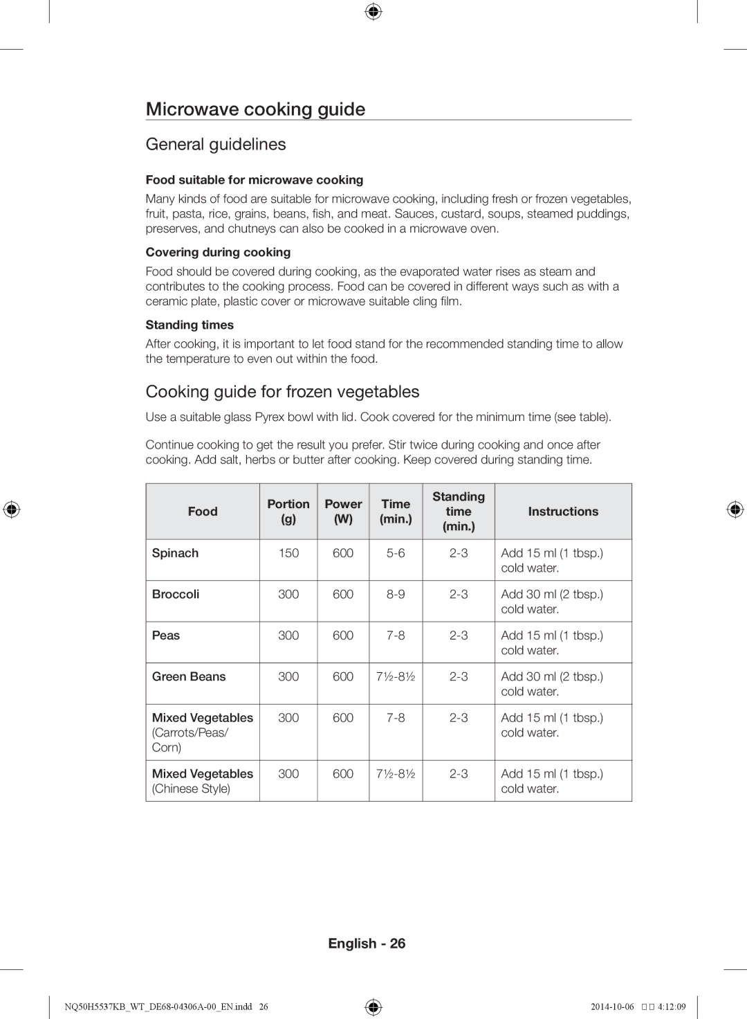 Samsung NQ50H5537KB/WT manual Microwave cooking guide, General guidelines, Cooking guide for frozen vegetables 