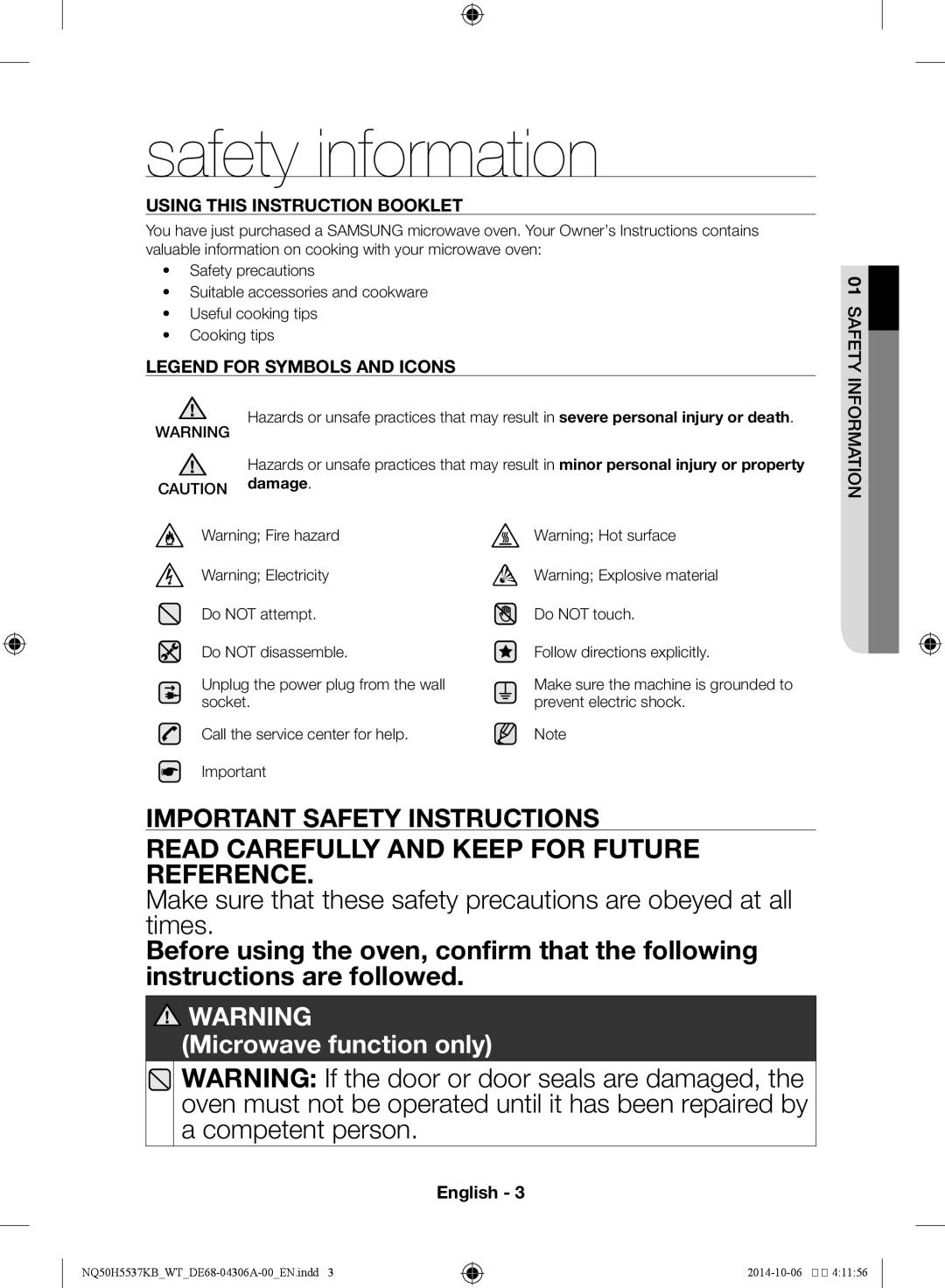 Samsung NQ50H5537KB/WT manual Safety information 