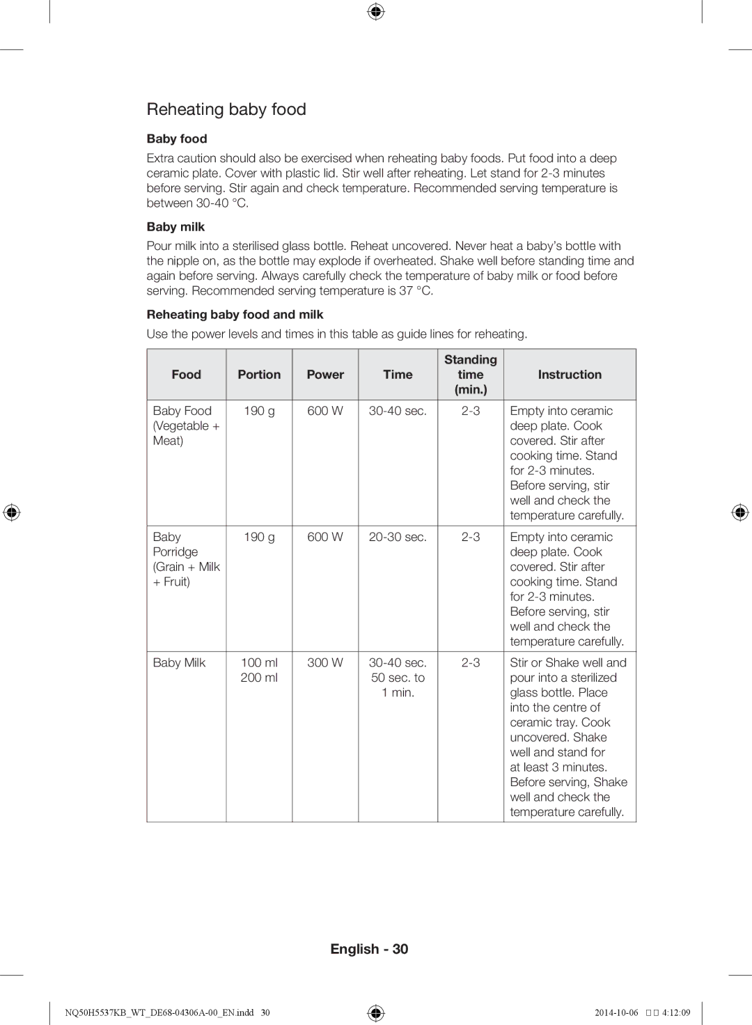 Samsung NQ50H5537KB/WT manual Reheating baby food 