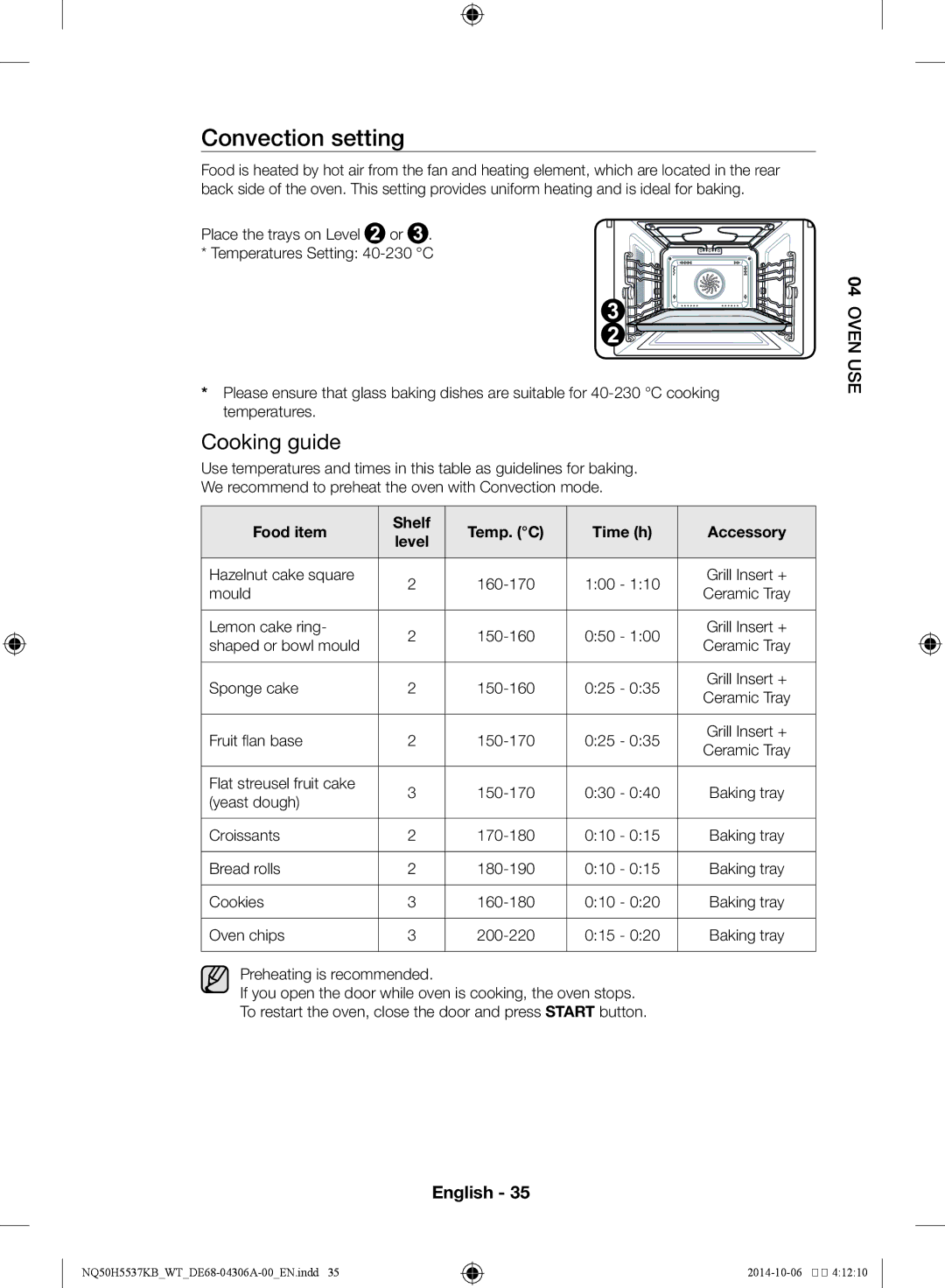 Samsung NQ50H5537KB/WT manual Convection setting, Food item Shelf Temp. C Time h Accessory 