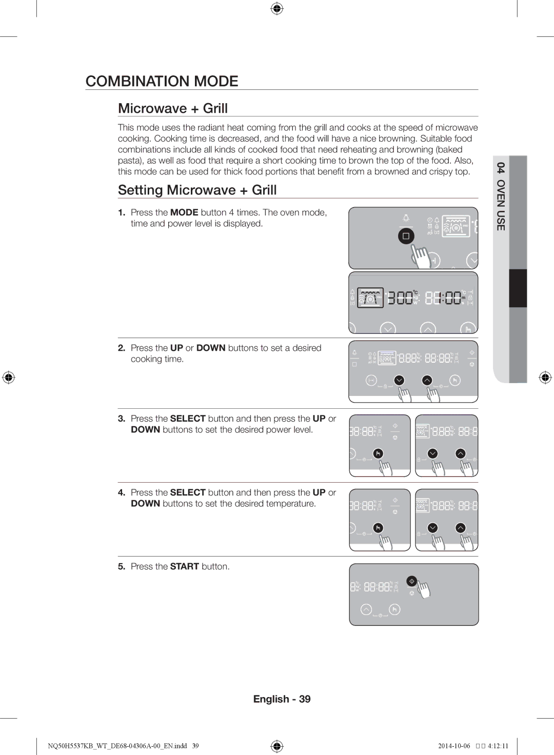 Samsung NQ50H5537KB/WT manual Combination mode, Setting Microwave + Grill 