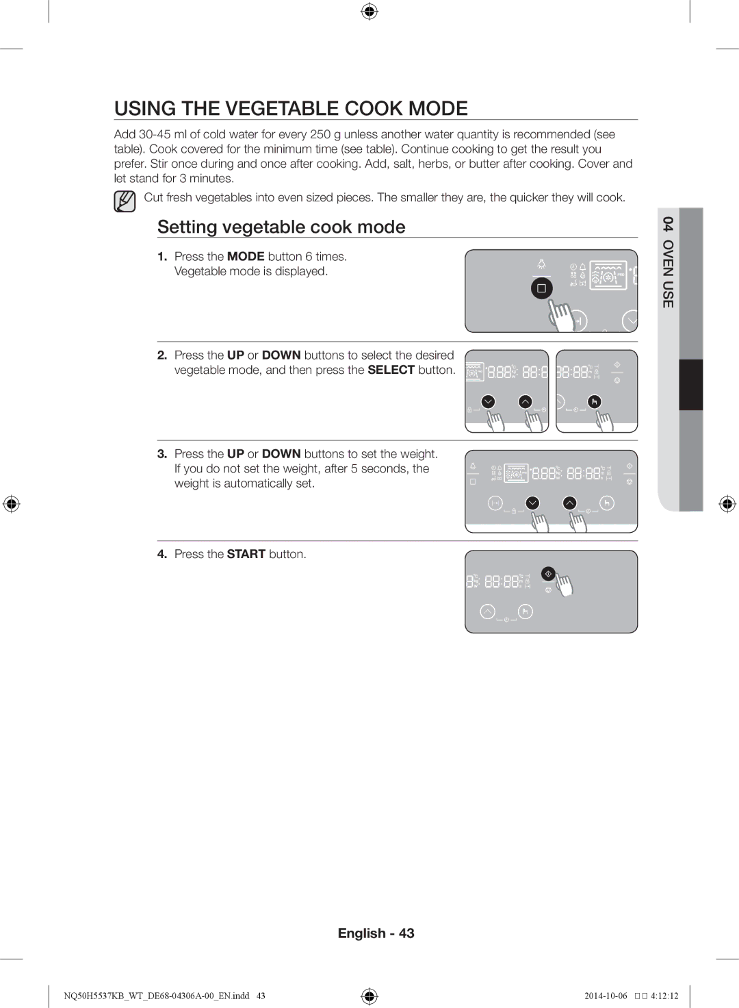 Samsung NQ50H5537KB/WT manual Using the vegetable cook mode, Setting vegetable cook mode 