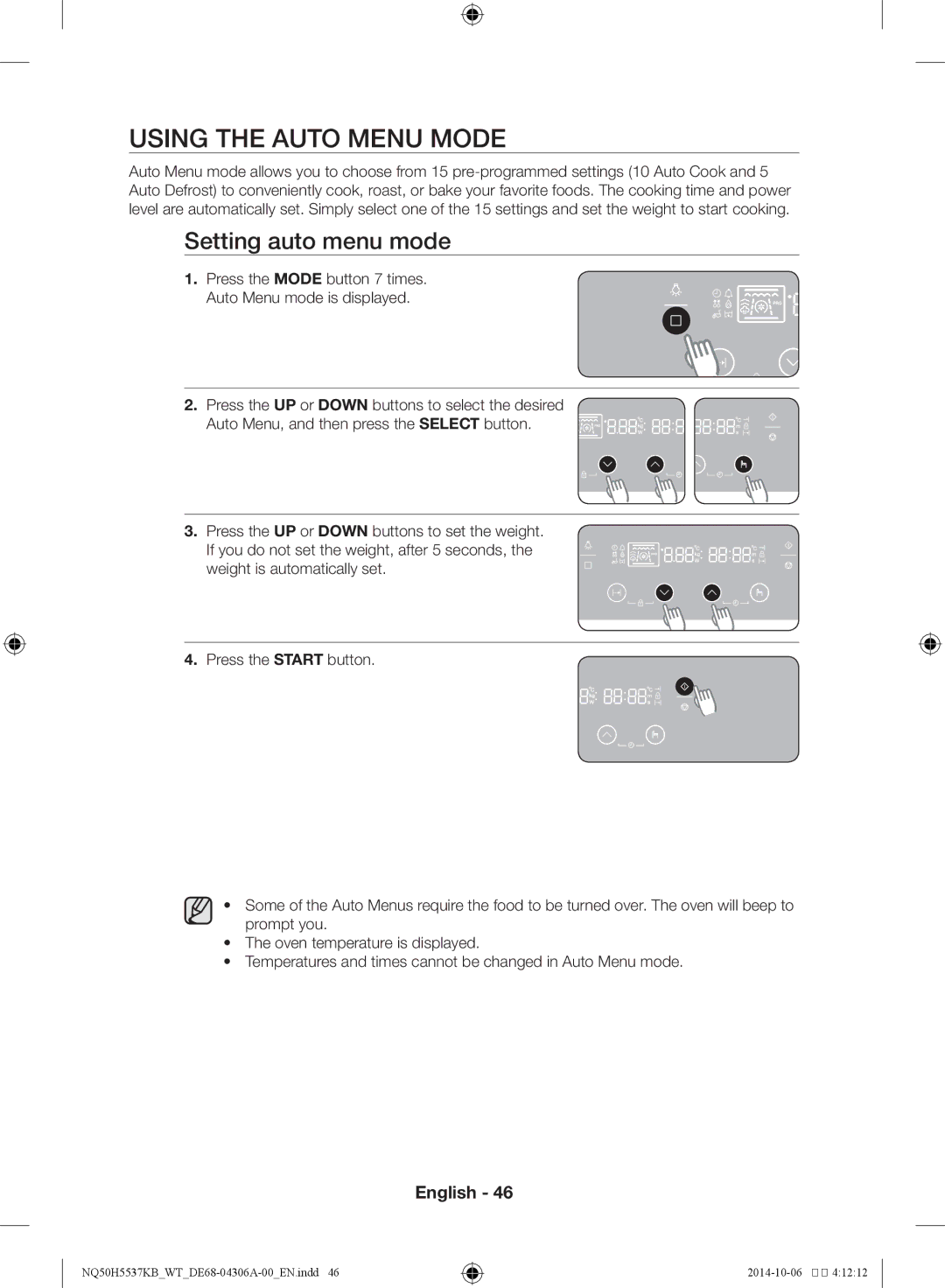 Samsung NQ50H5537KB/WT manual Using the auto menu mode, Setting auto menu mode 