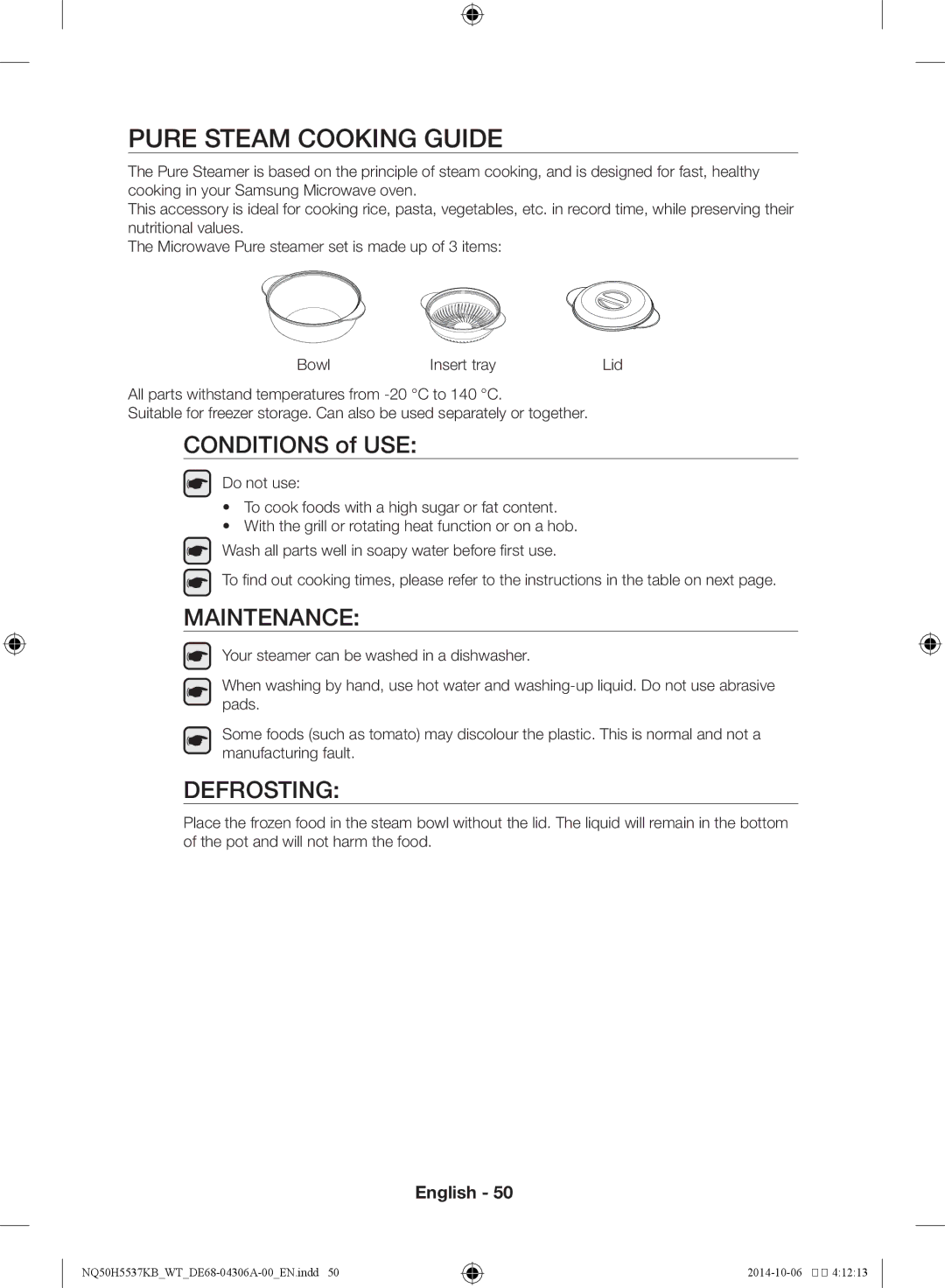 Samsung NQ50H5537KB/WT manual Pure steam cooking guide, Conditions of USE 