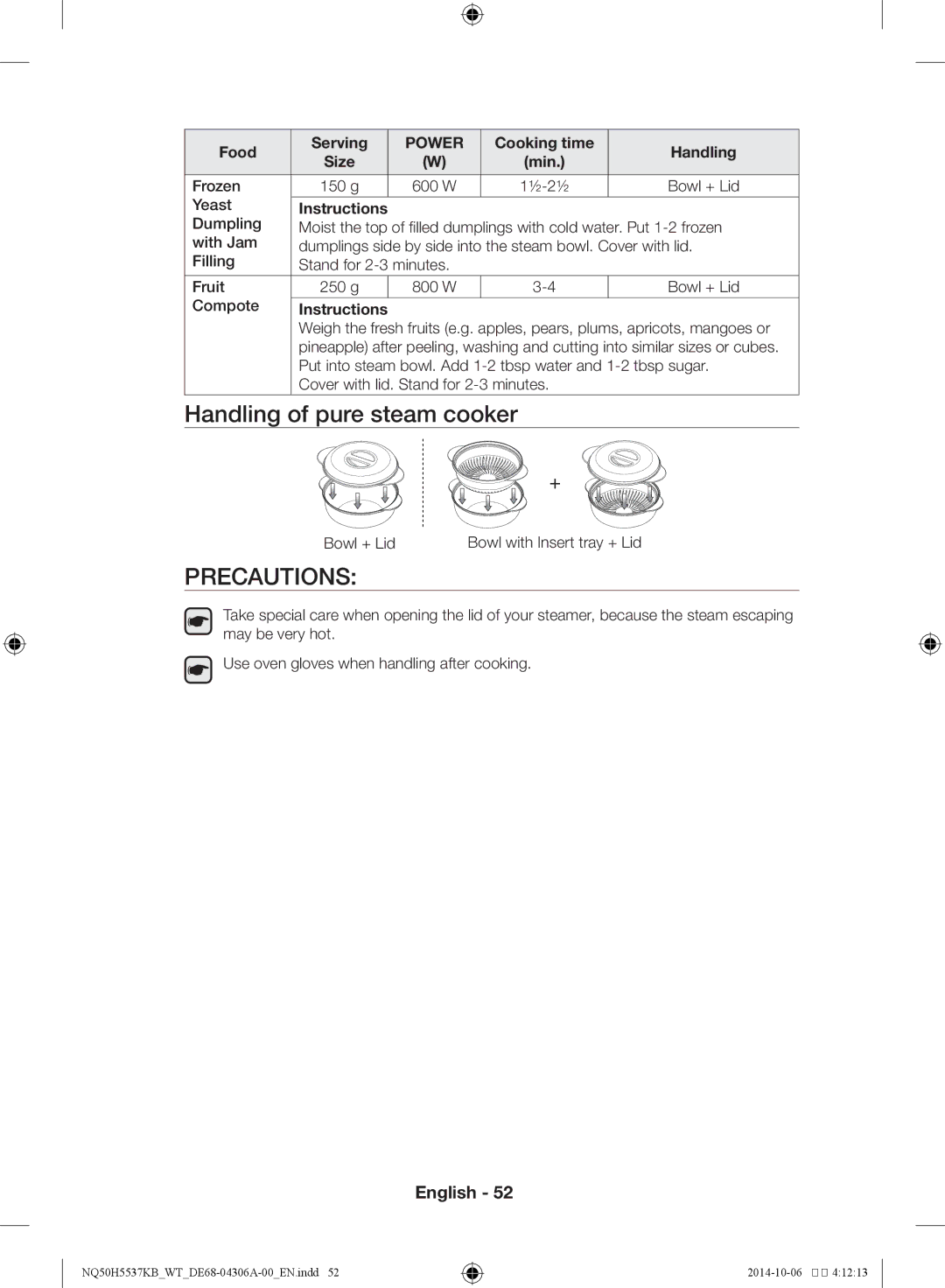 Samsung NQ50H5537KB/WT manual Handling of pure steam cooker, Precautions 