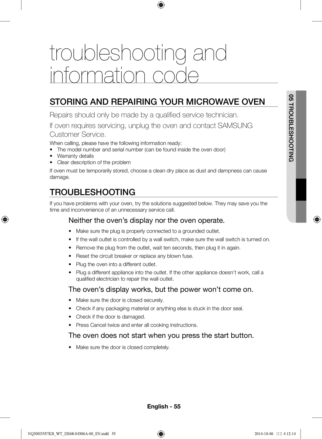 Samsung NQ50H5537KB/WT manual Storing and repairing your microwave oven, Troubleshooting 