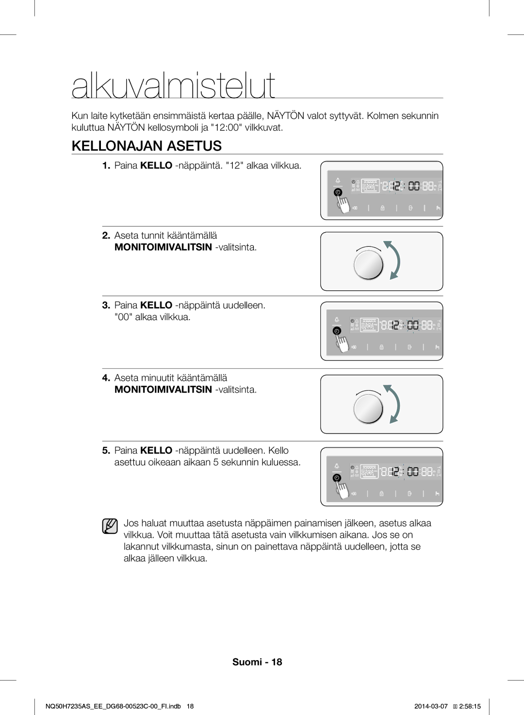 Samsung NQ50H7235AS/EE manual Alkuvalmistelut, Kellonajan Asetus, Monitoimivalitsin -valitsinta 