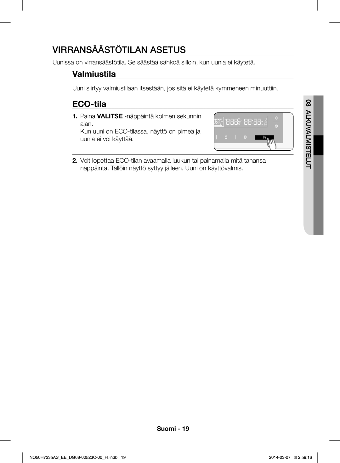 Samsung NQ50H7235AS/EE manual Virransäästötilan Asetus, ECO-tila 