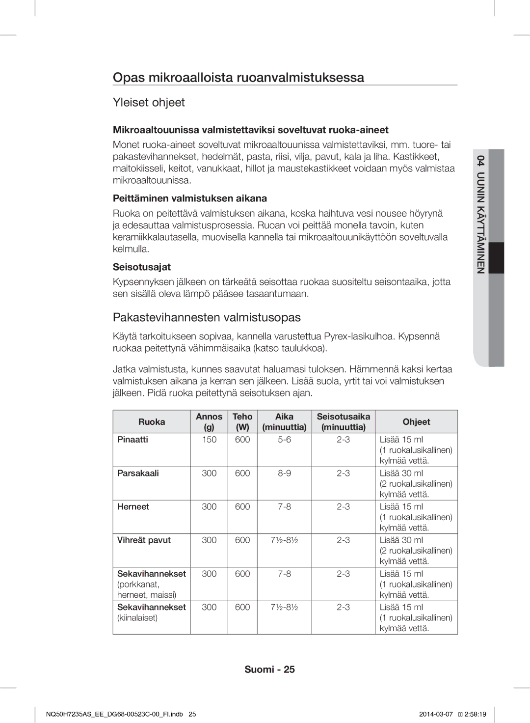 Samsung NQ50H7235AS/EE manual Opas mikroaalloista ruoanvalmistuksessa, Yleiset ohjeet, Pakastevihannesten valmistusopas 