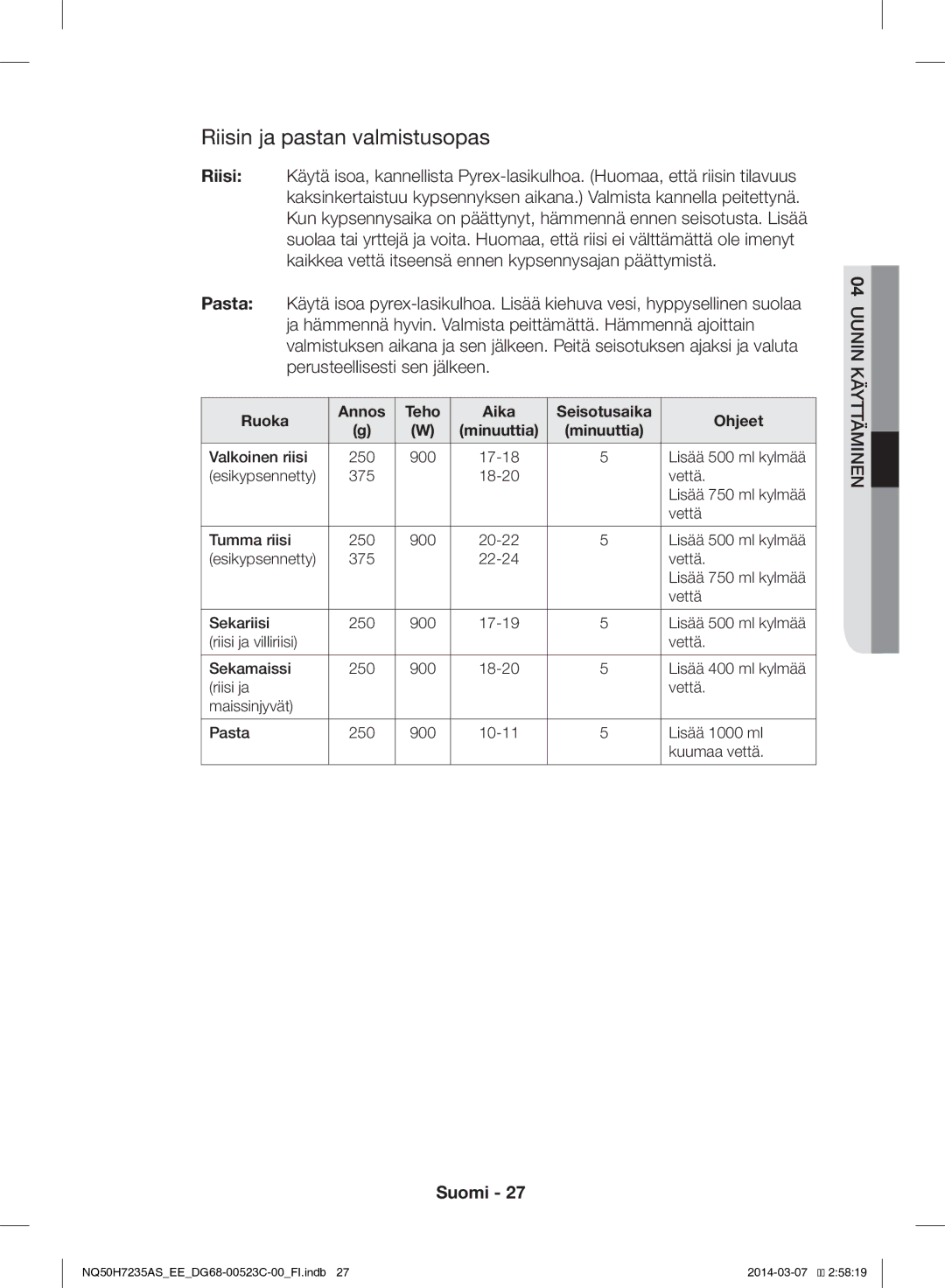 Samsung NQ50H7235AS/EE manual Riisin ja pastan valmistusopas 