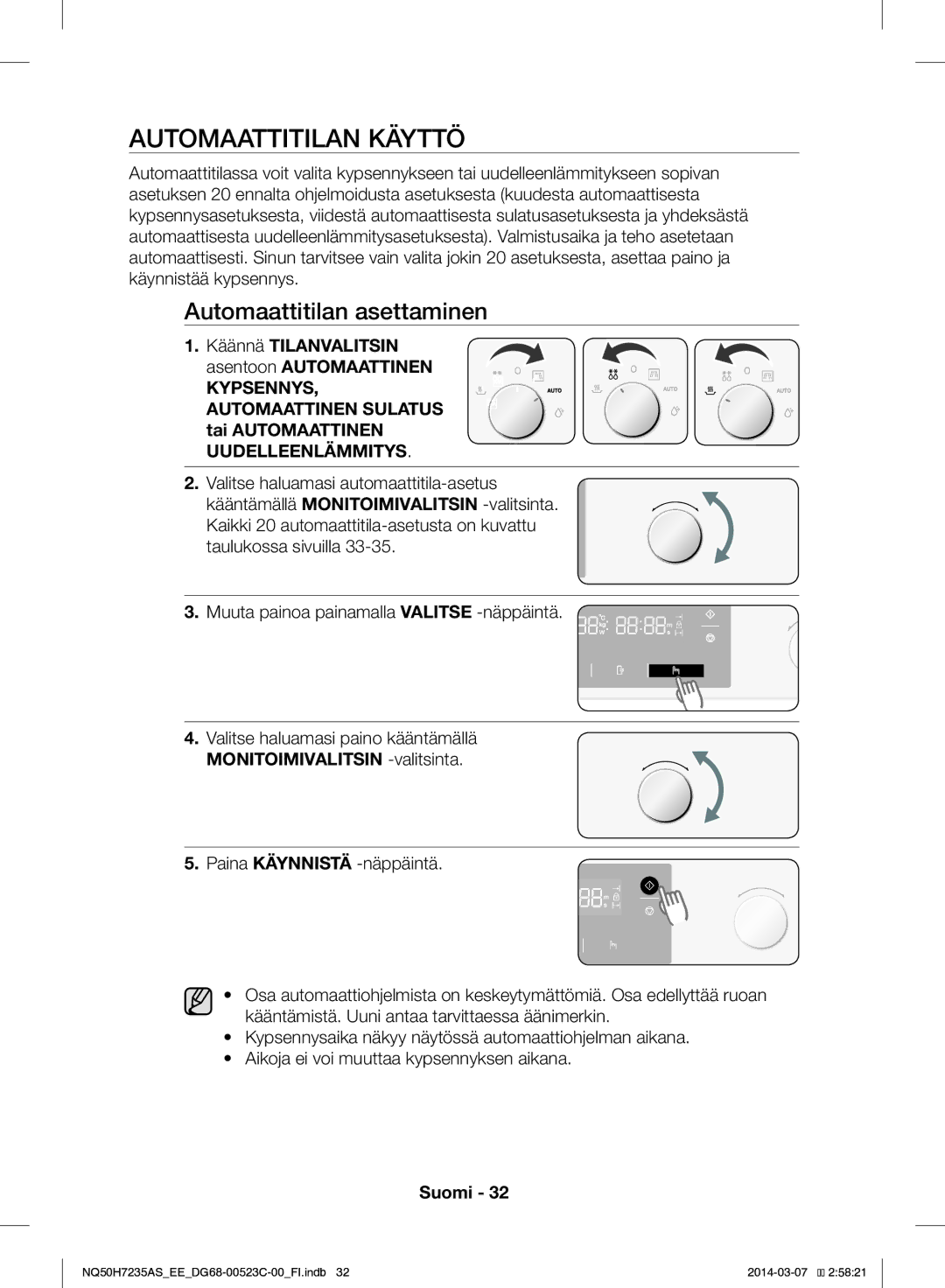 Samsung NQ50H7235AS/EE manual Automaattitilan Käyttö, Automaattitilan asettaminen 