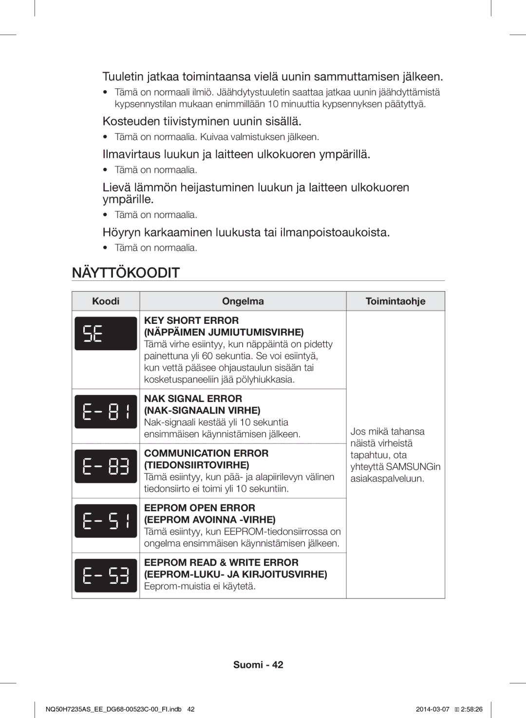 Samsung NQ50H7235AS/EE manual Näyttökoodit, Kosteuden tiivistyminen uunin sisällä 