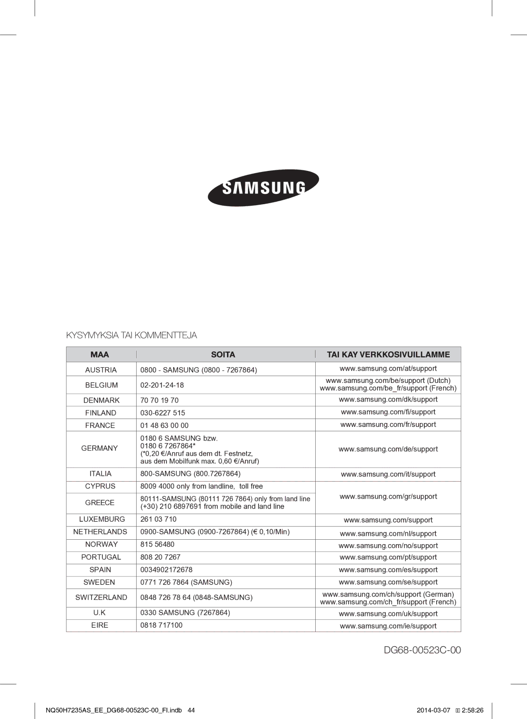 Samsung NQ50H7235AS/EE manual DG68-00523C-00 