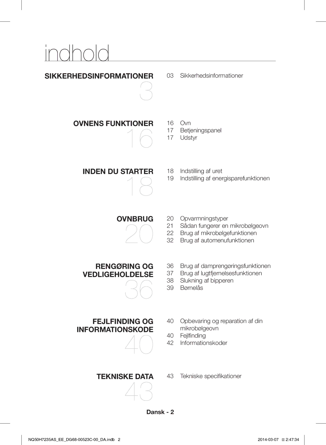 Samsung NQ50H7235AS/EE manual Indhold, Dansk 