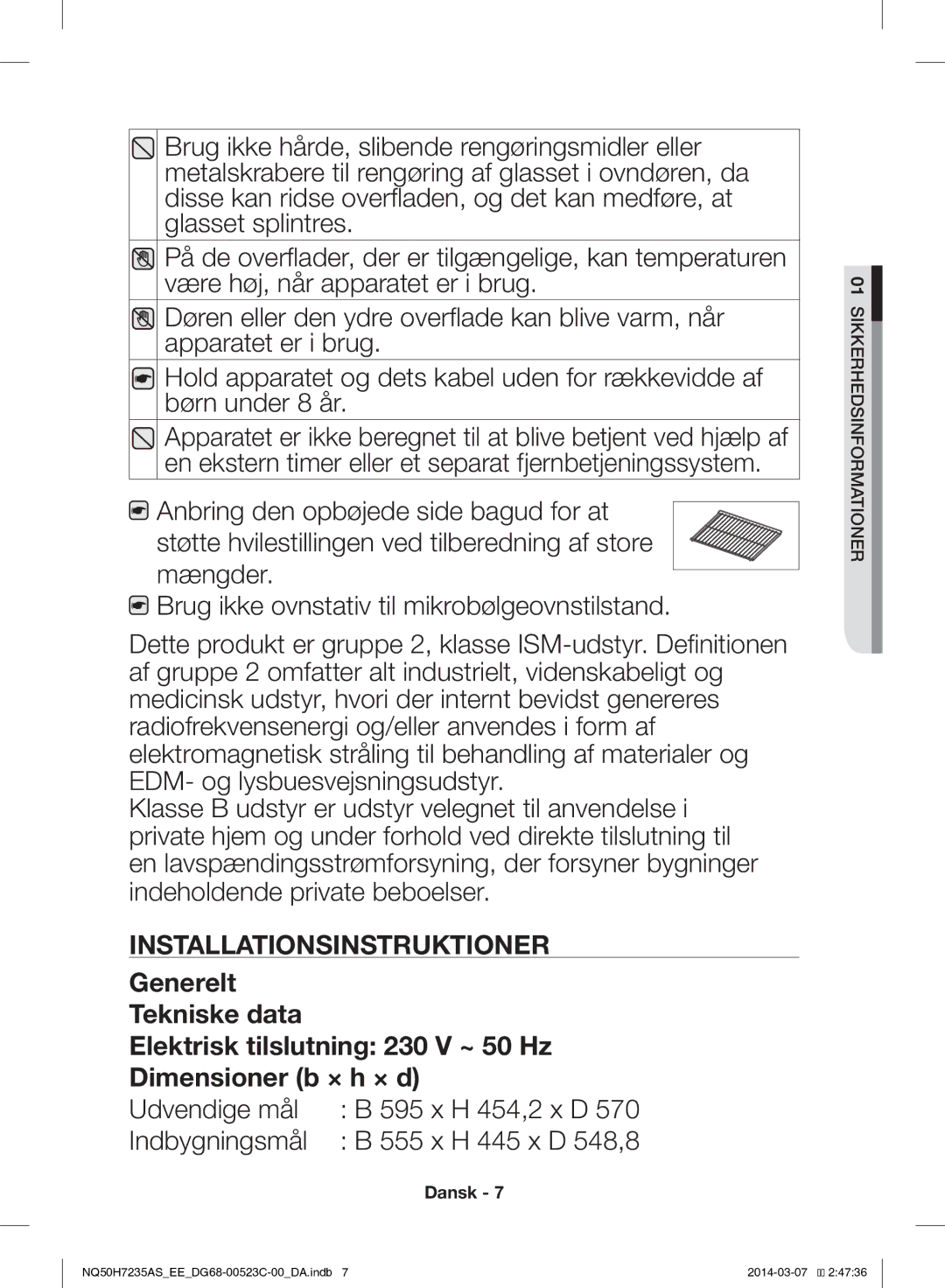 Samsung NQ50H7235AS/EE manual Udvendige mål H 454,2 x D Indbygningsmål H 445 x D 548,8 