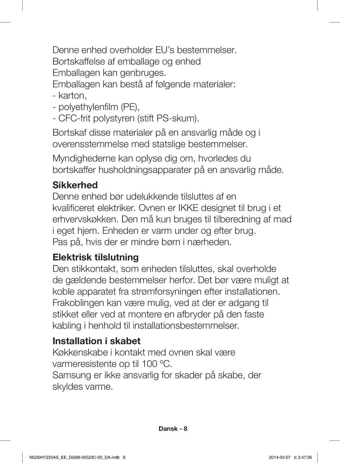 Samsung NQ50H7235AS/EE manual Sikkerhed 