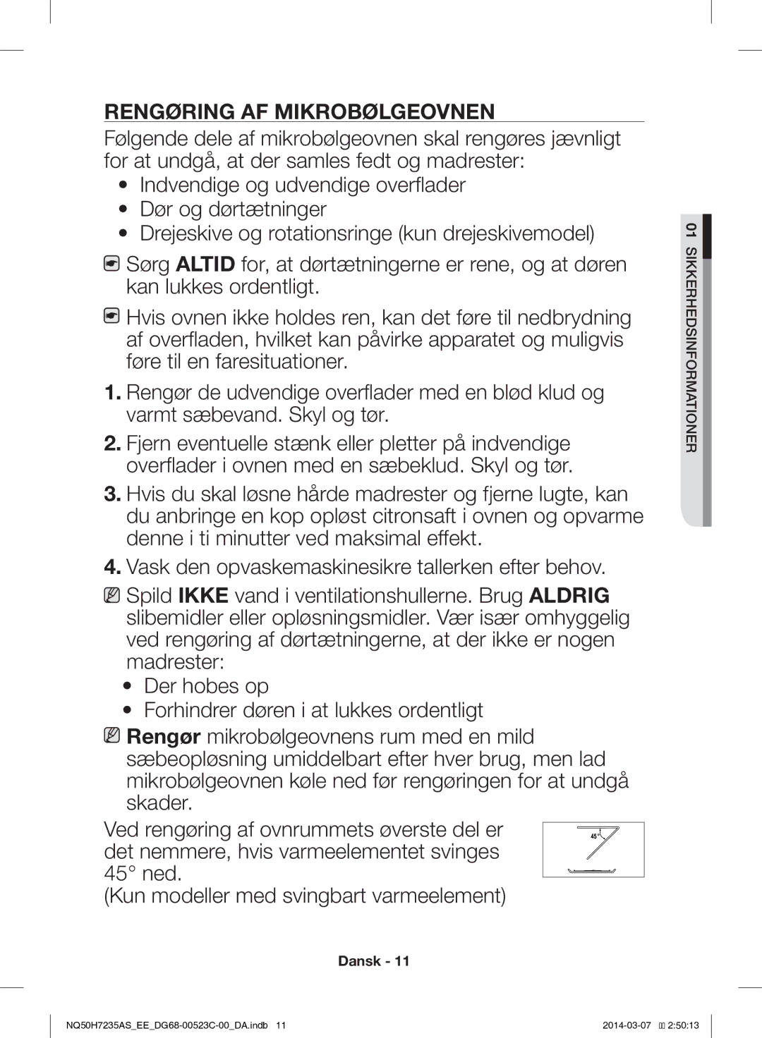 Samsung NQ50H7235AS/EE manual Rengøring AF Mikrobølgeovnen 