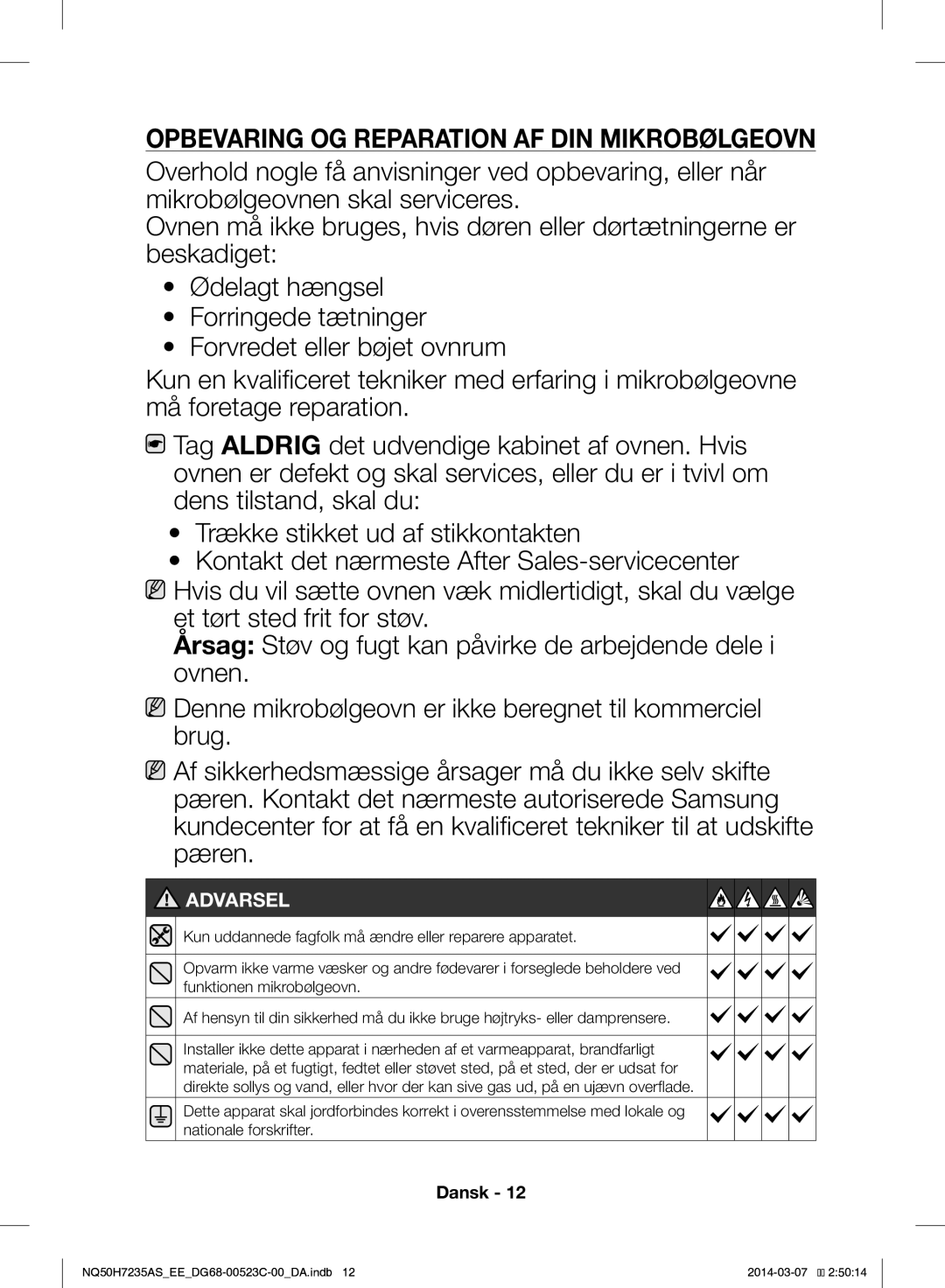 Samsung NQ50H7235AS/EE manual Opbevaring OG Reparation AF DIN Mikrobølgeovn 