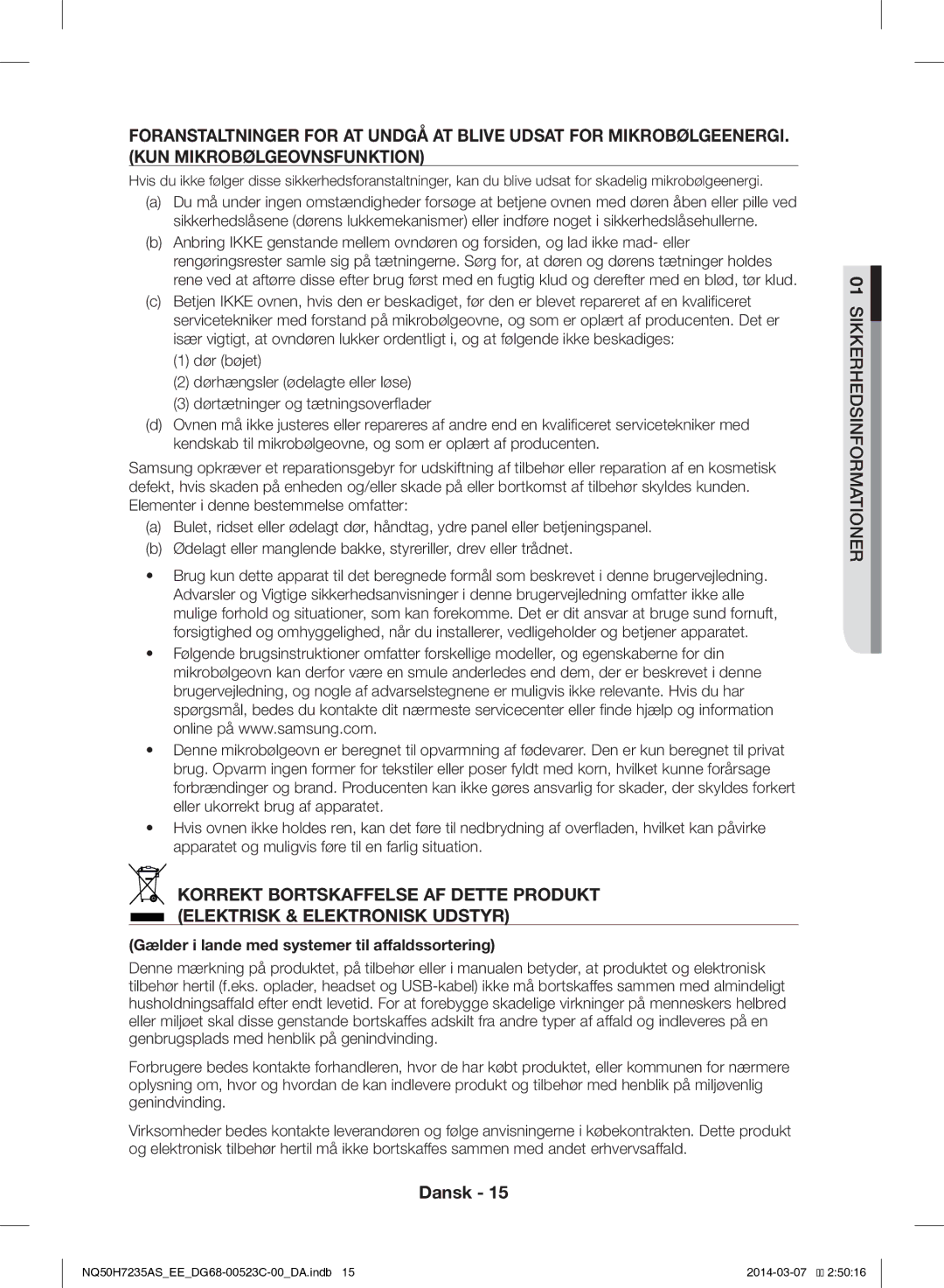 Samsung NQ50H7235AS/EE manual Gælder i lande med systemer til affaldssortering 