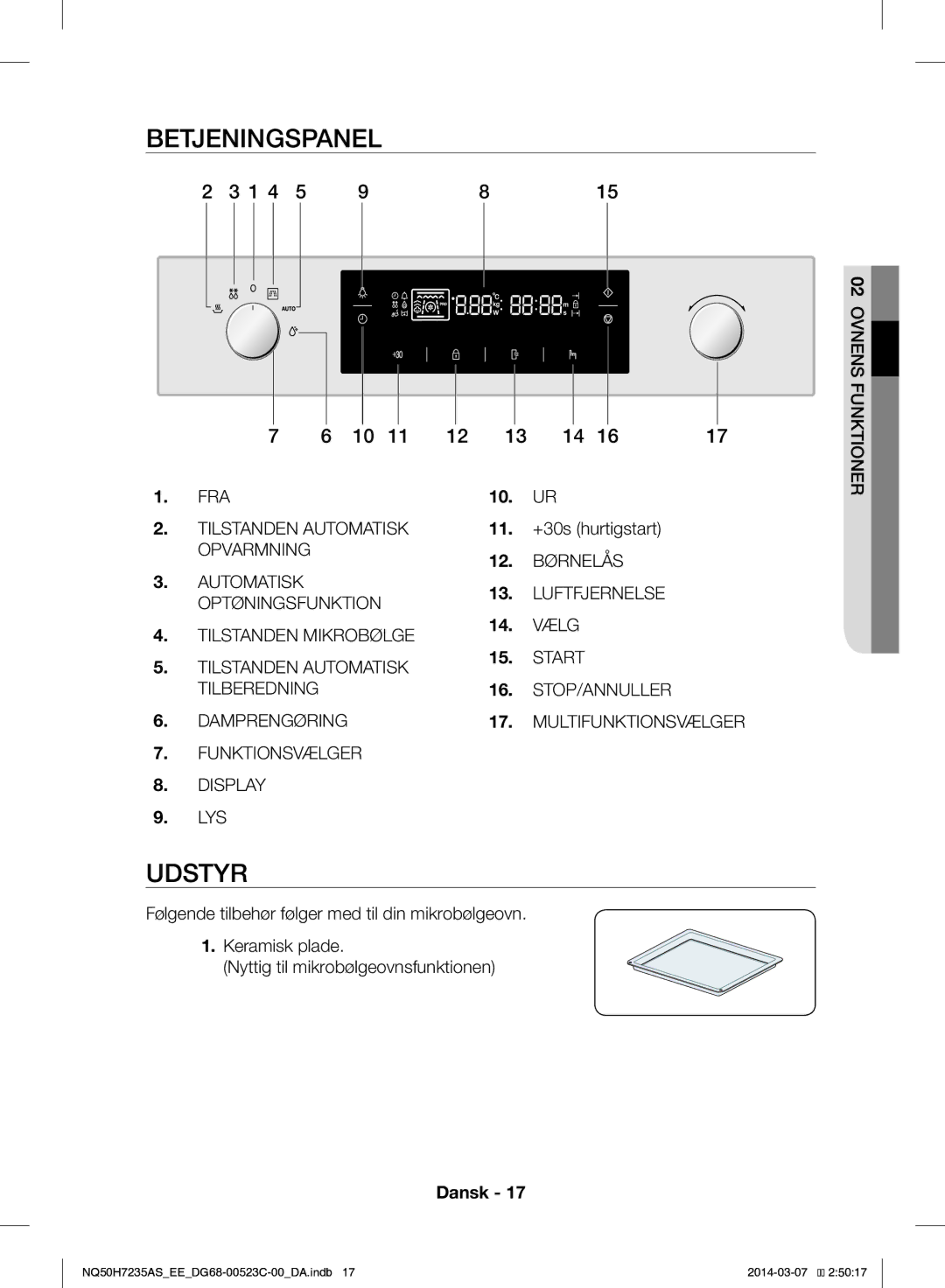 Samsung NQ50H7235AS/EE manual Betjeningspanel, Udstyr 