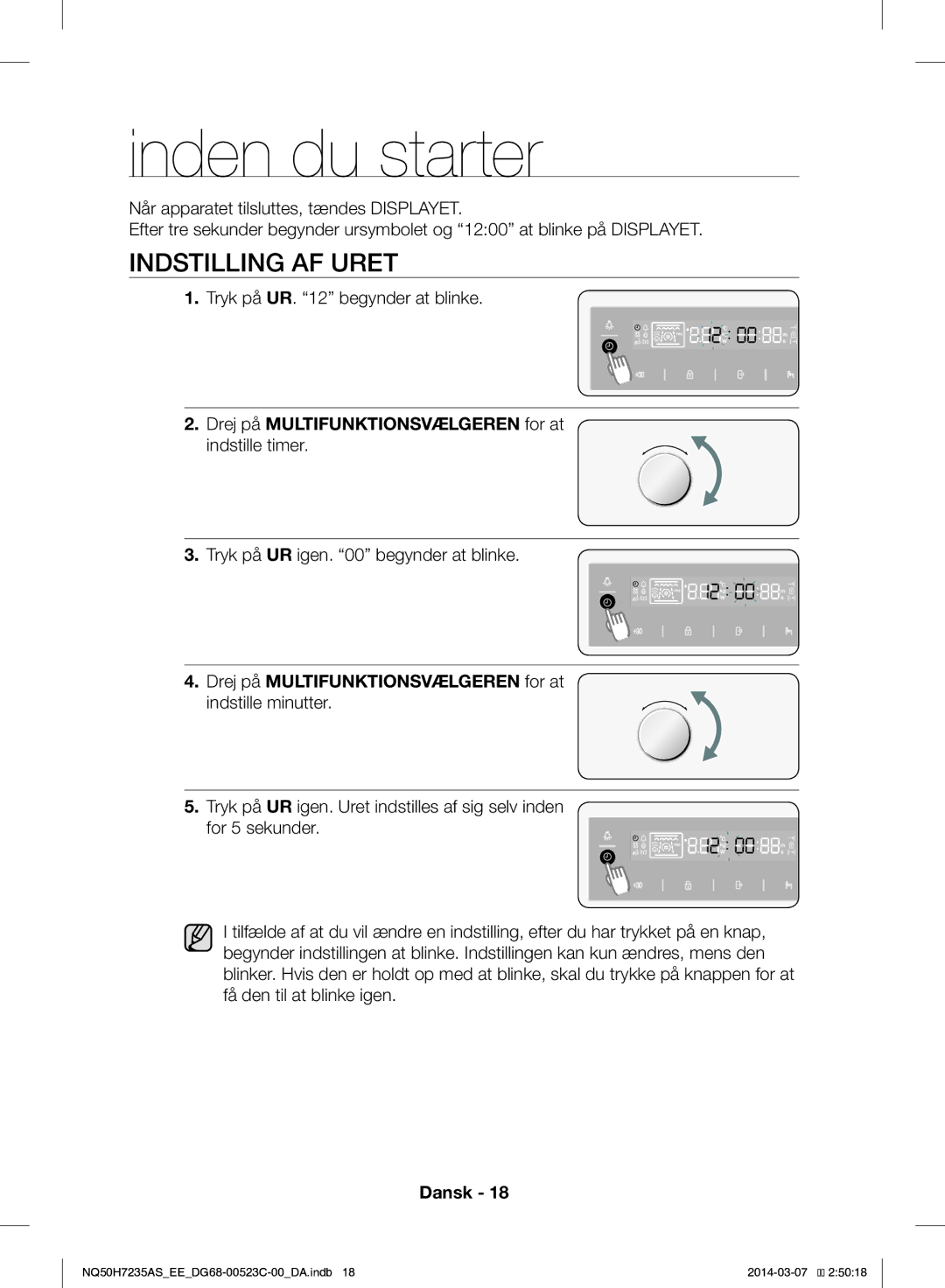 Samsung NQ50H7235AS/EE manual Inden du starter, Indstilling AF Uret, Drej på Multifunktionsvælgeren for at 