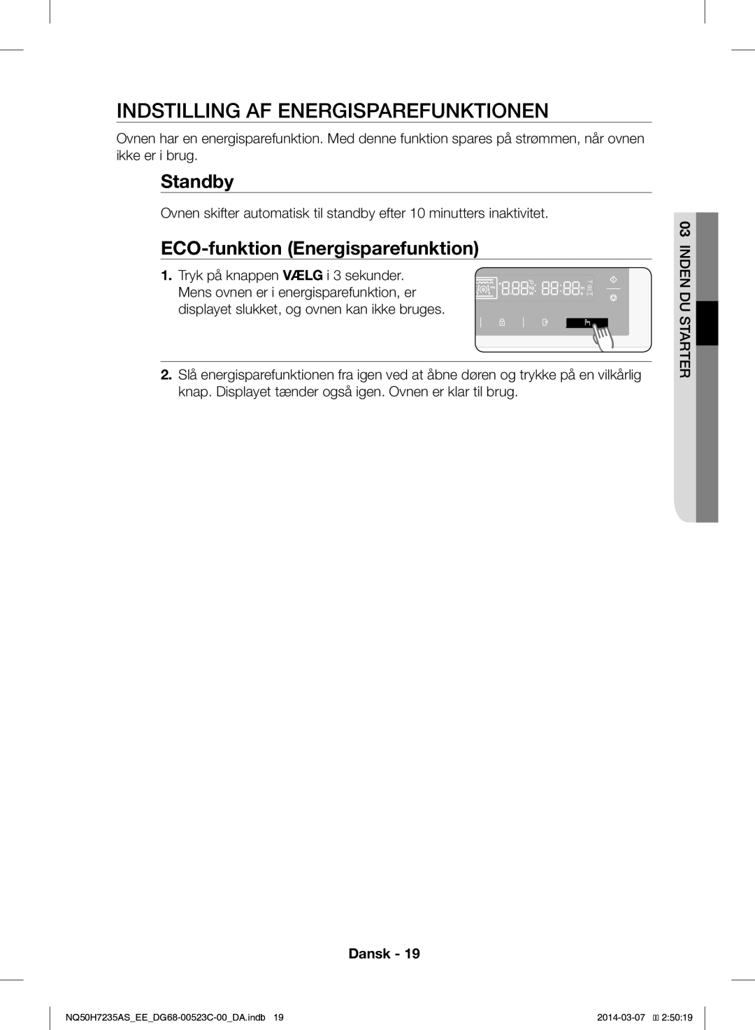 Samsung NQ50H7235AS/EE manual Indstilling AF Energisparefunktionen, ECO-funktion Energisparefunktion 