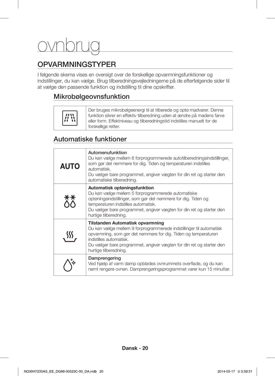 Samsung NQ50H7235AS/EE manual Ovnbrug, Opvarmningstyper, Mikrobølgeovnsfunktion, Automatiske funktioner 